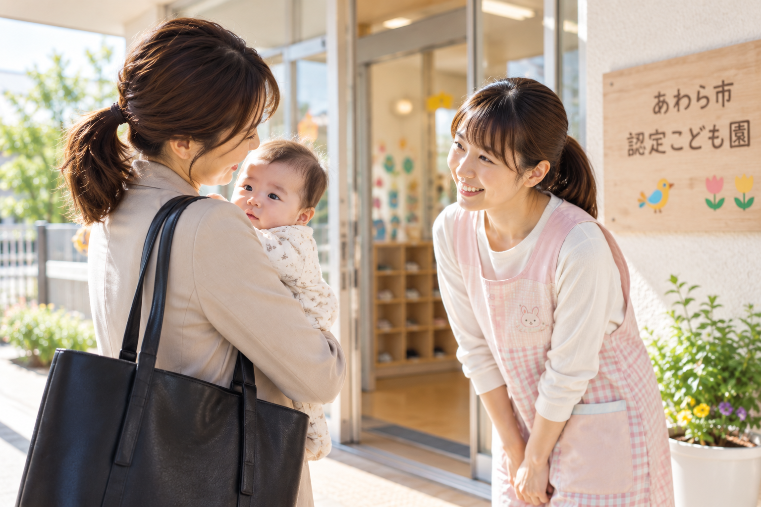 慣らし保育で園の先生と子どもの様子を話す保護者のイメージ