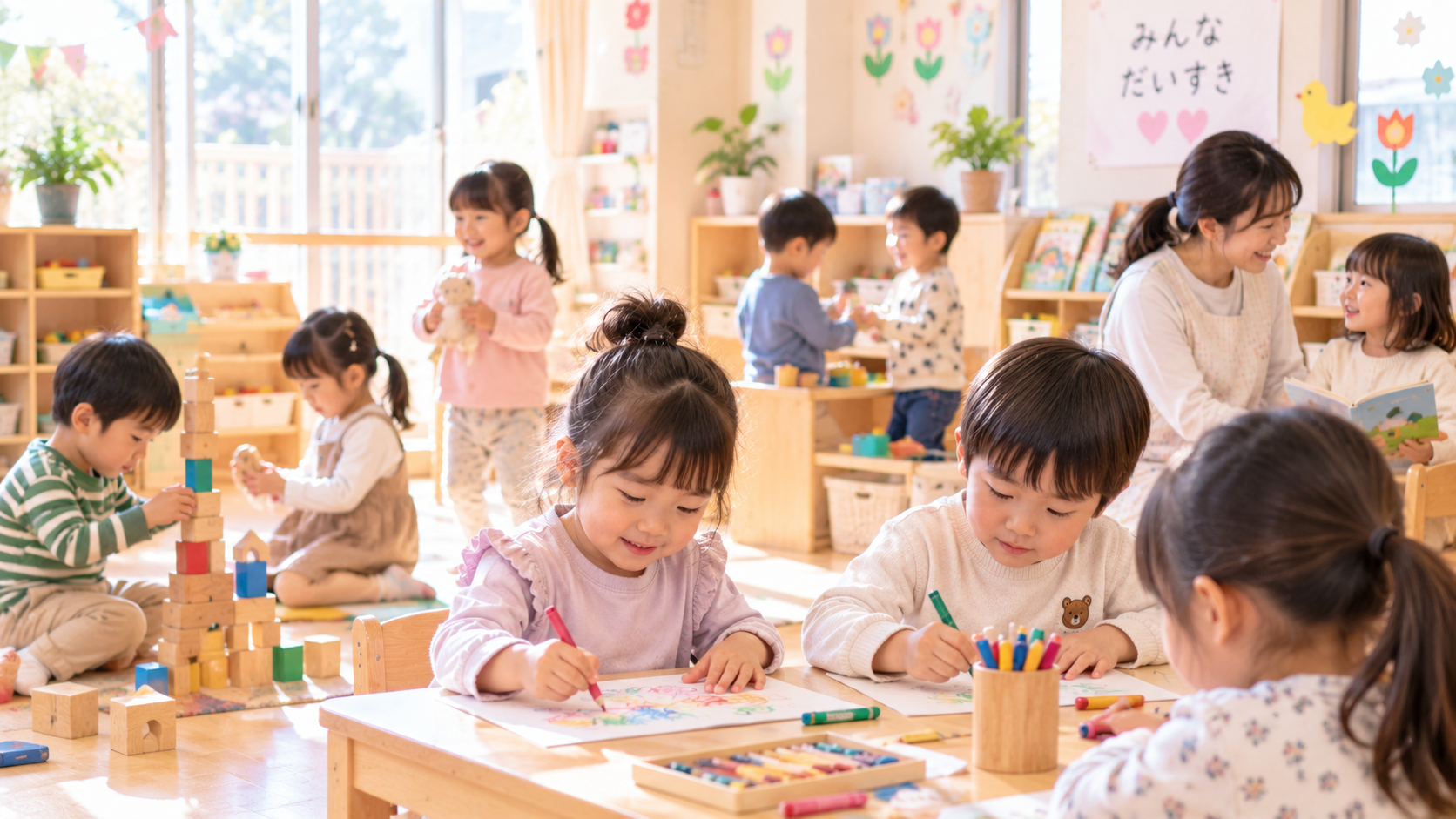 園でそれぞれの遊びや活動を楽しむ子どもたちのイメージ