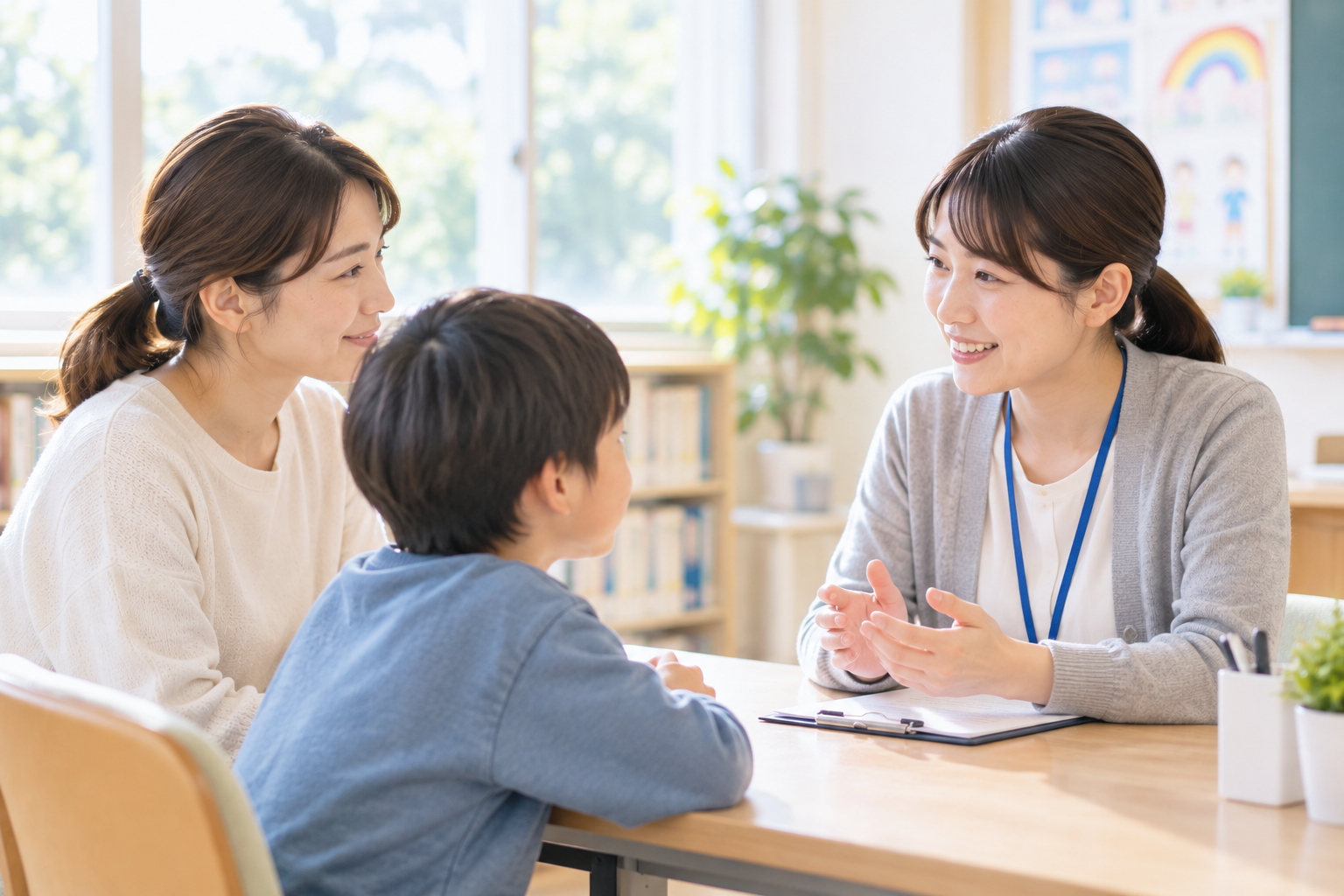子どもと保護者が学校の相談員と話しているイメージ
