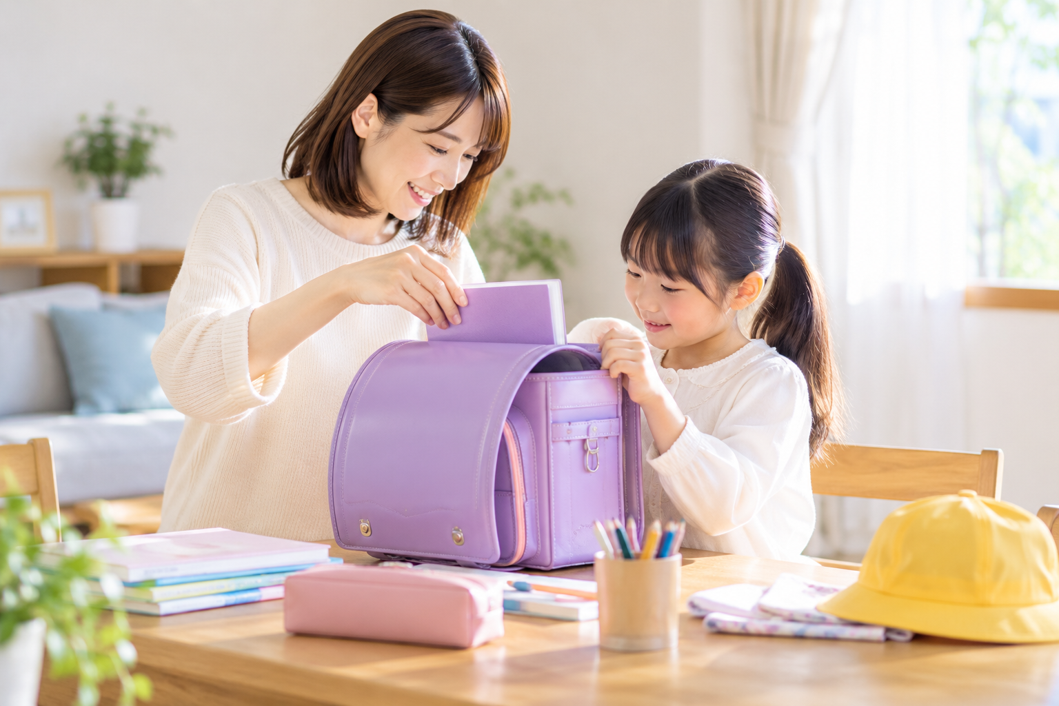 親子でランドセルや学用品を準備しているイメージ