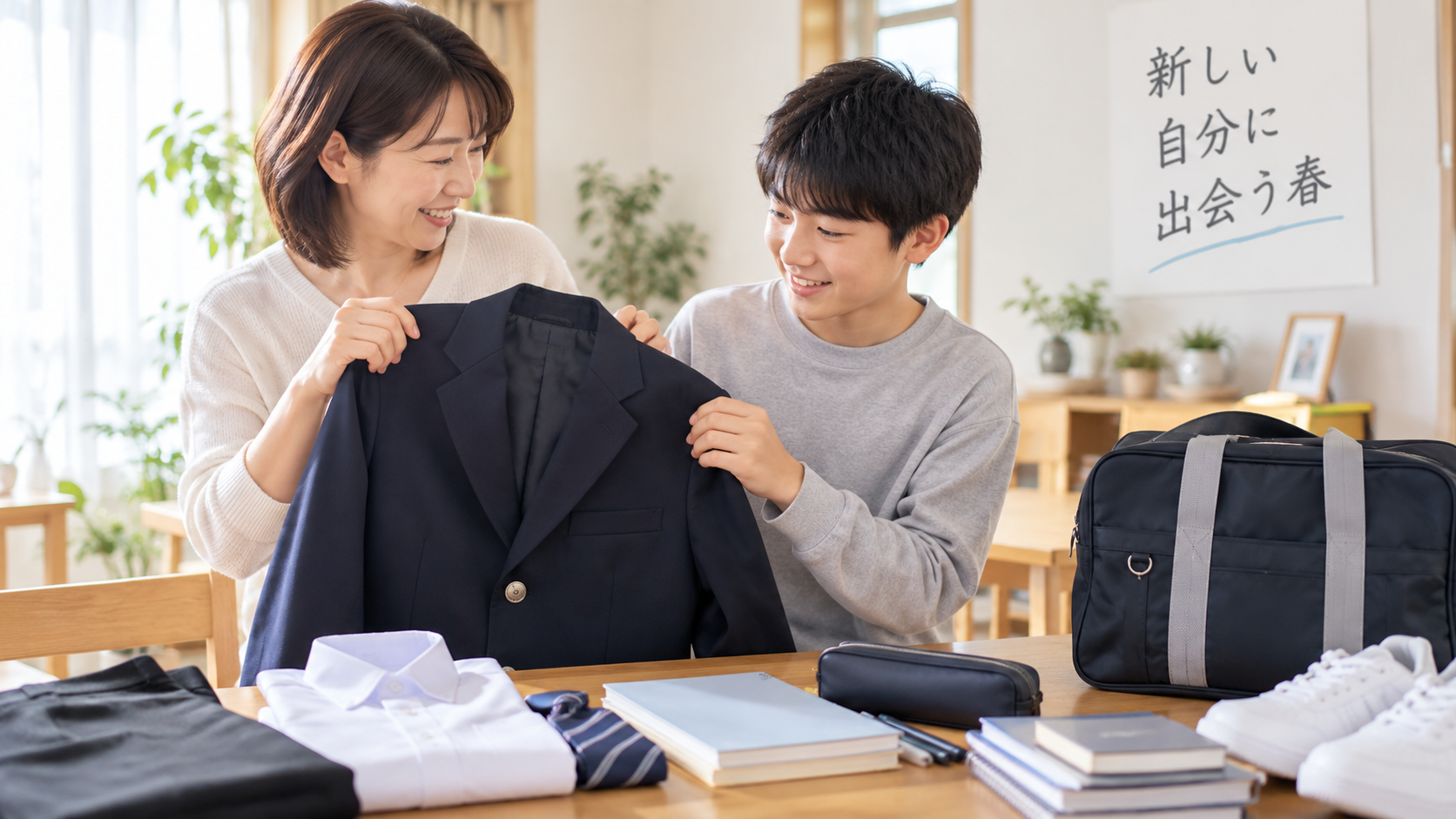 中学校入学に向けて制服や学用品を準備する親子のイメージ