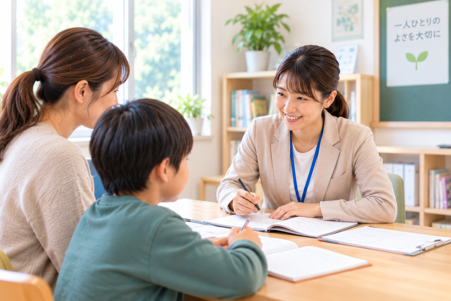 子どもと保護者が学校の先生と学習について相談しているイメージ