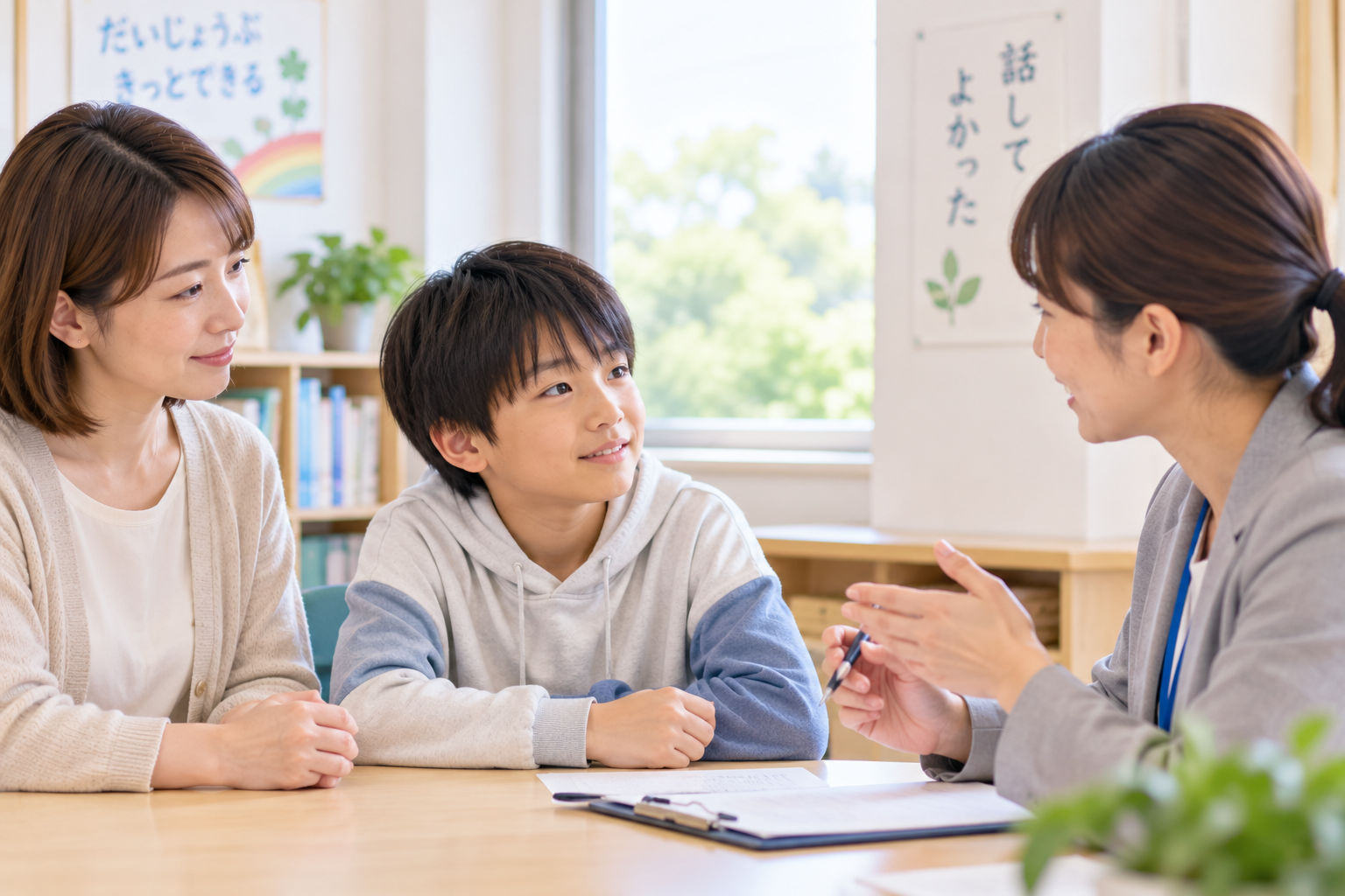 子どもと保護者が学校の大人へ相談しているイメージ