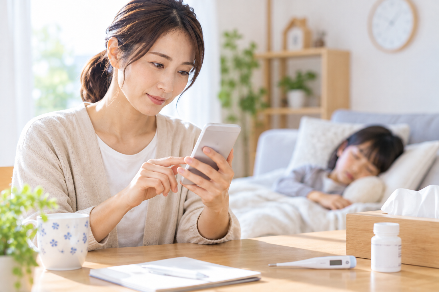 保護者がスマートフォンで学校への欠席連絡をしているイメージ
