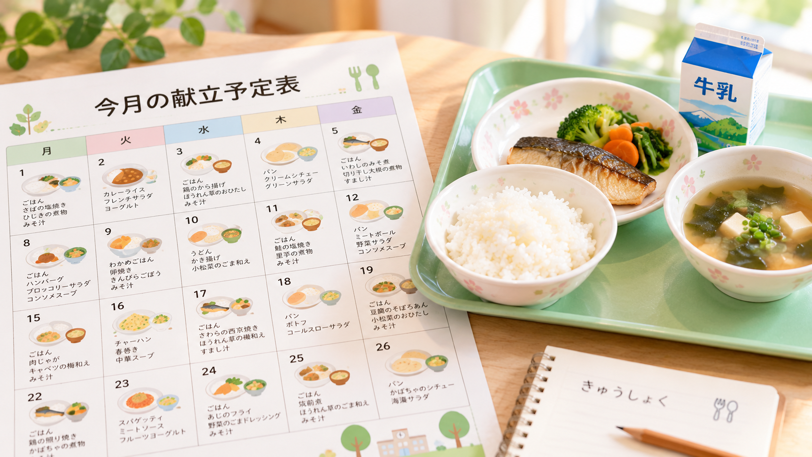 学校給食と月間の献立予定表を並べたイメージ