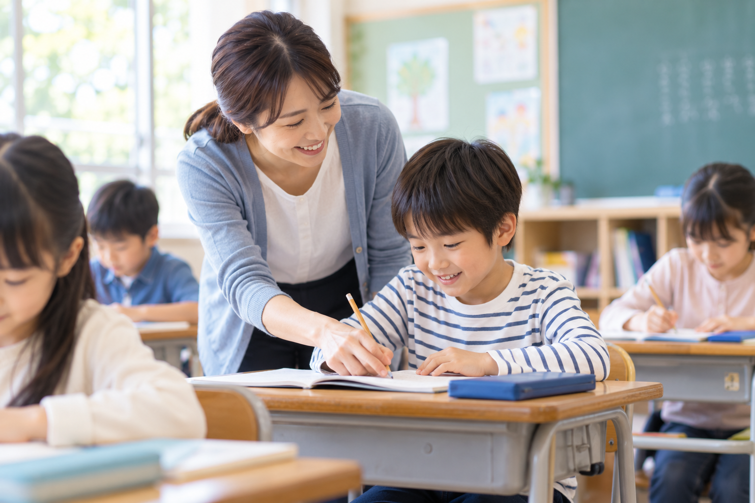 通常の教室で先生が子どもの学習を支えているイメージ