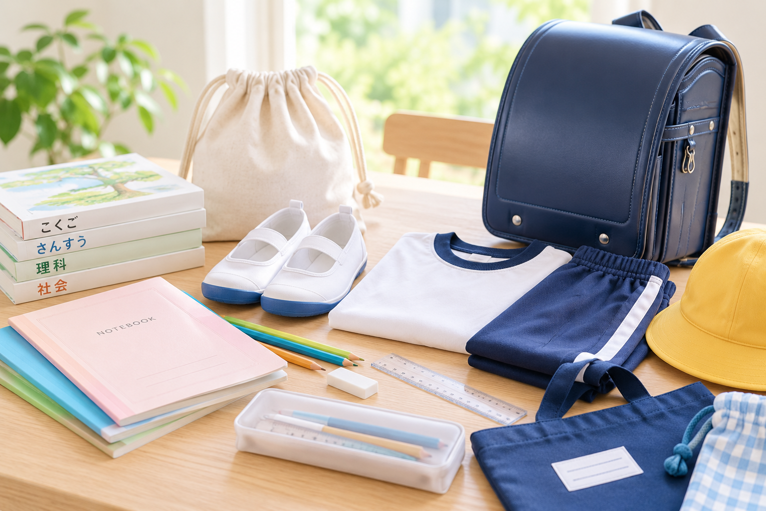 ランドセルや学用品、体操服など学校生活で使用するもののイメージ