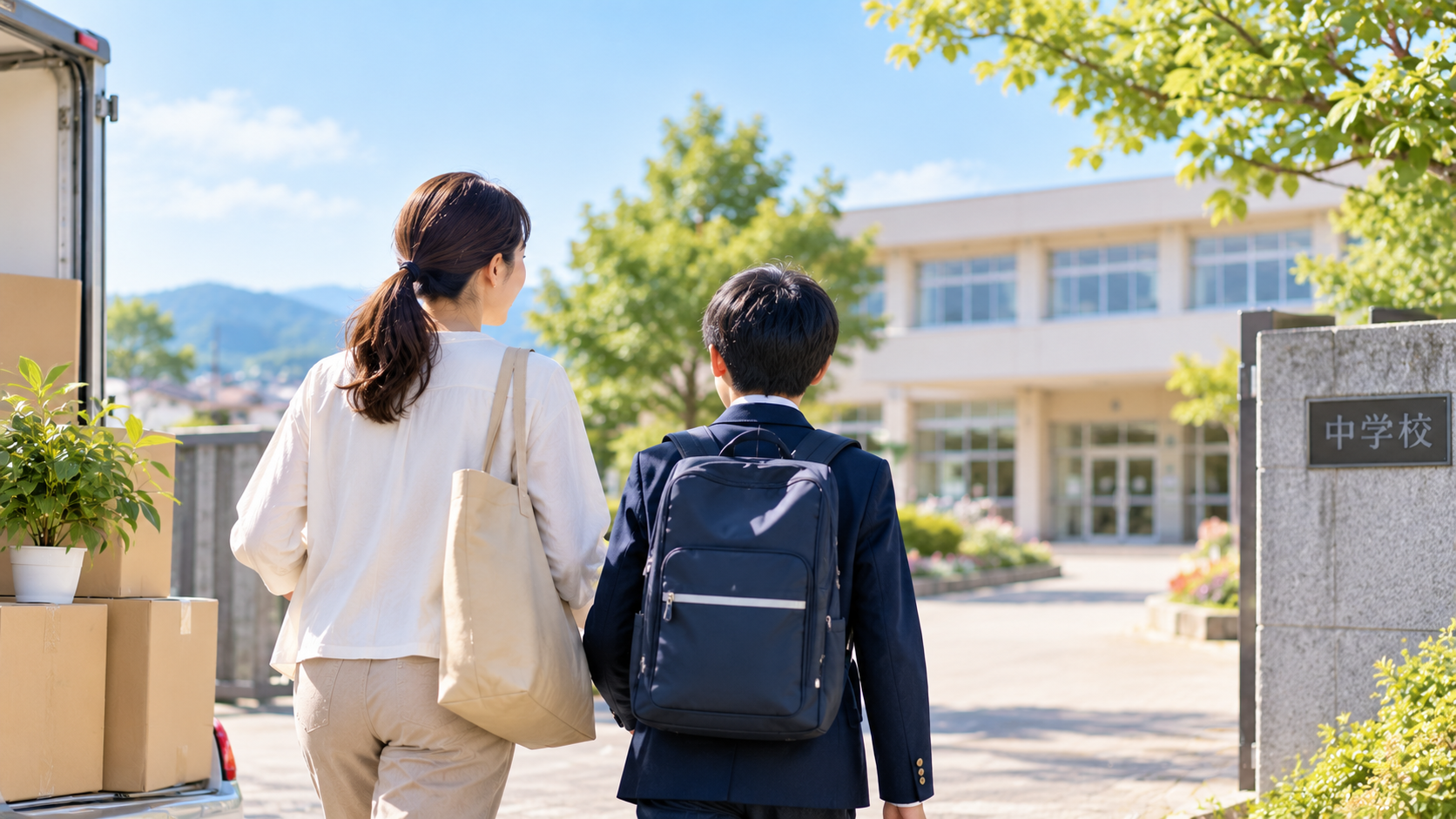 あわら市へ転入し新しい学校へ向かう親子のイメージ