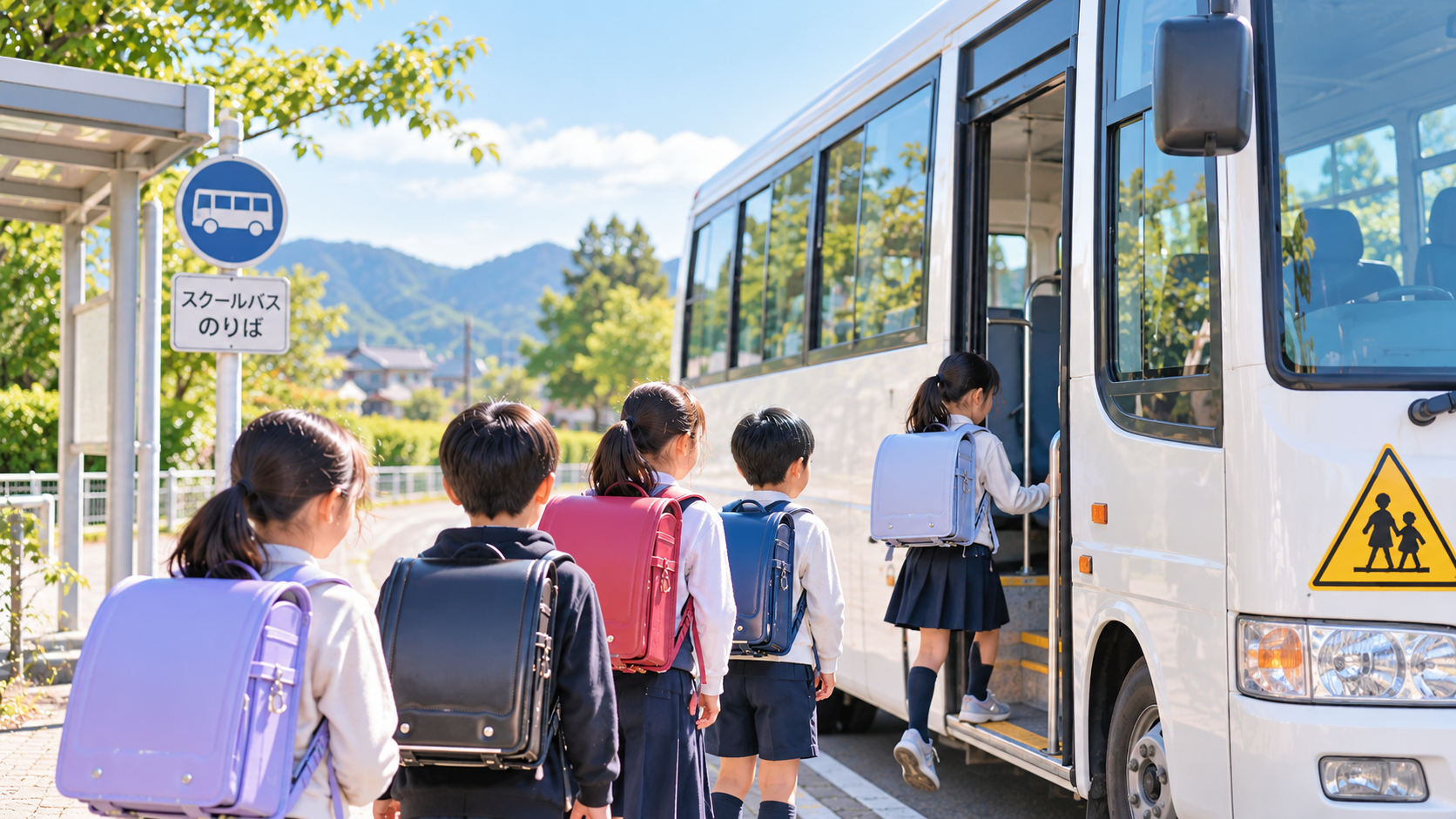 子どもたちがスクールバスに乗車するイメージ