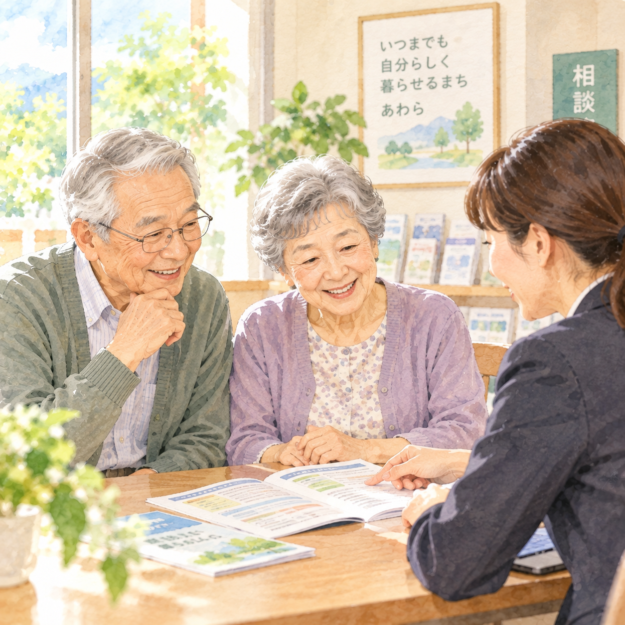 高齢者が介護保険の申請書類について説明を受けている水彩イラスト