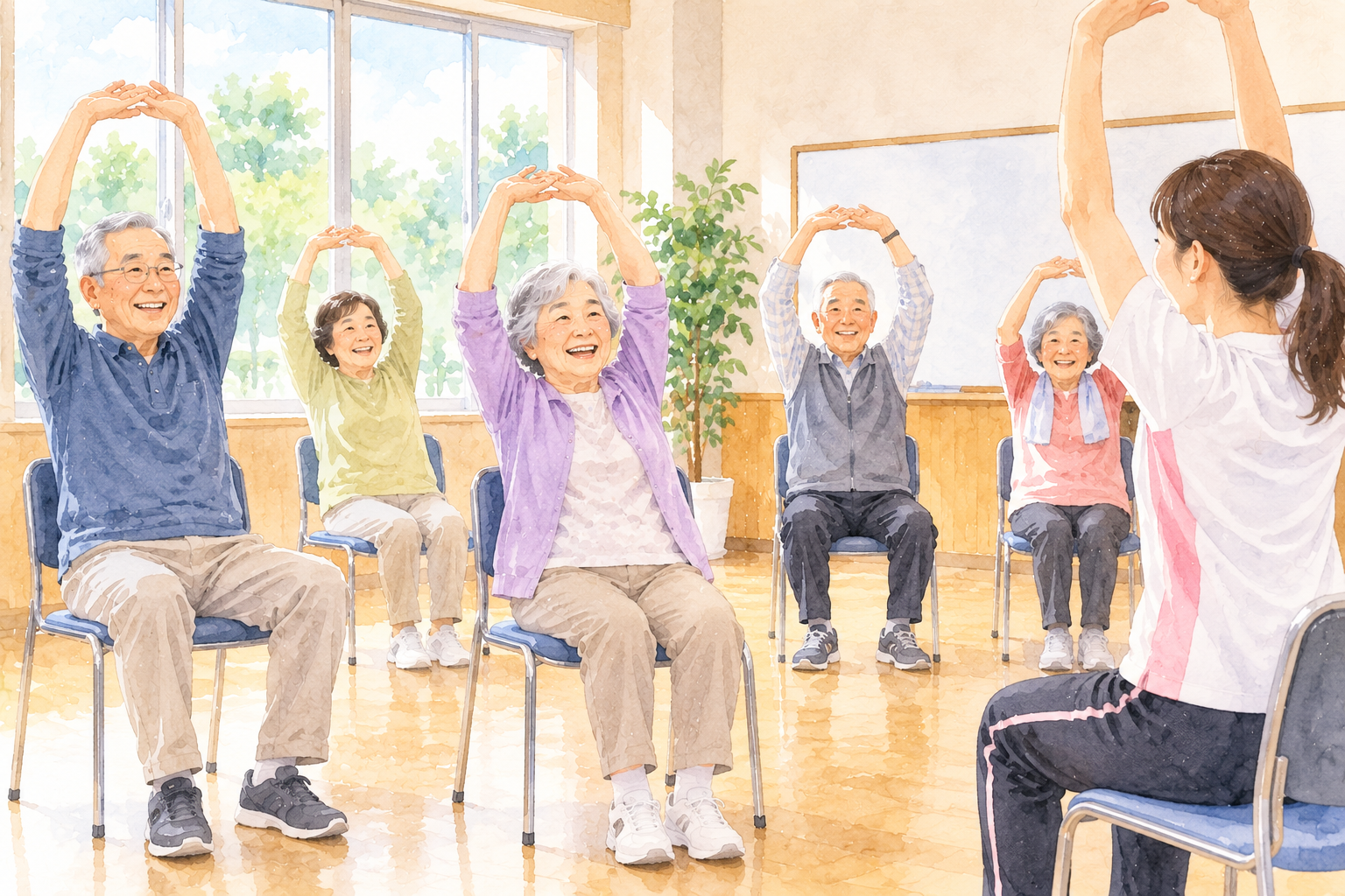 地域の集会室で高齢者が椅子に座りながら体操を楽しむイラスト