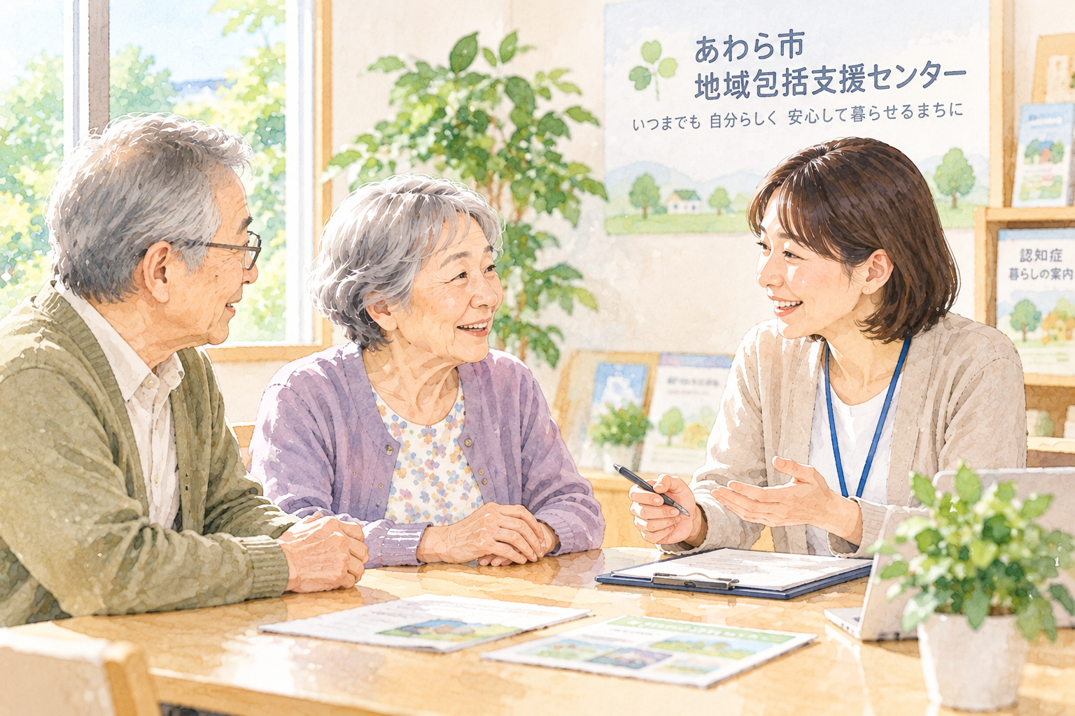 高齢者と家族が相談員に話を聞いてもらっているイラスト
