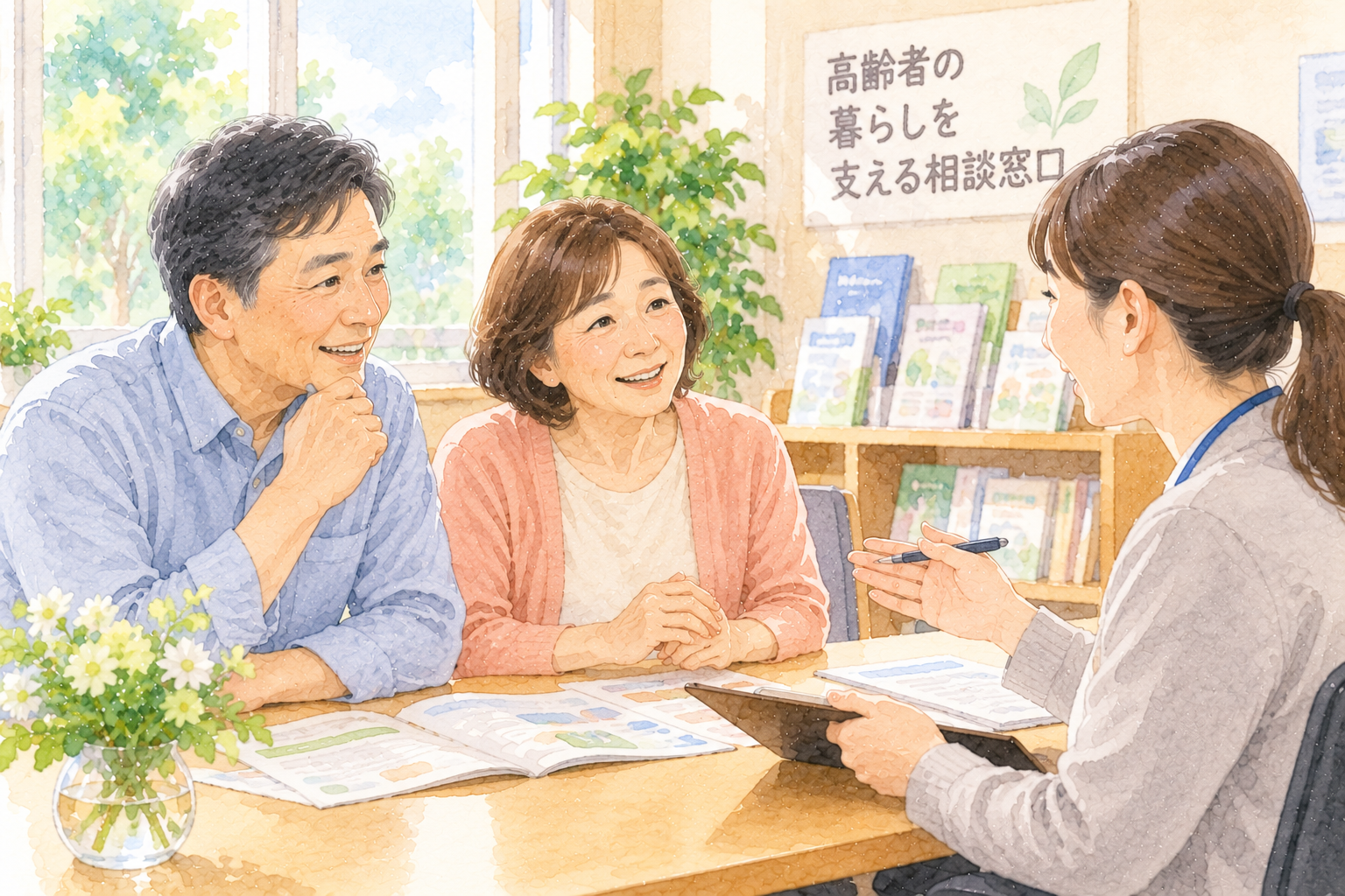 家族が専門職と介護サービスや介護の負担について相談しているイラスト