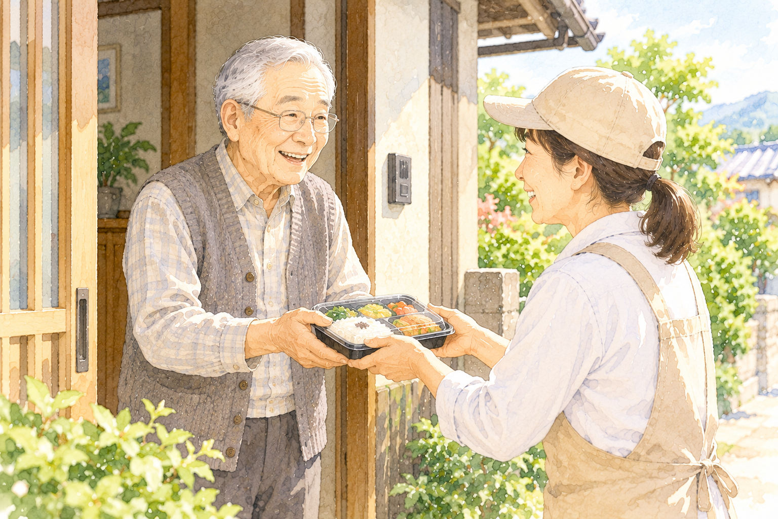 高齢者が自宅の玄関で配食スタッフからお弁当を受け取るイラスト