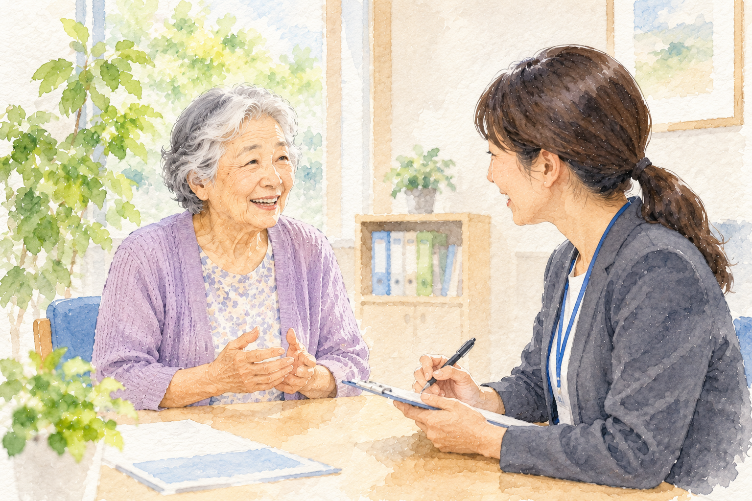 高齢者本人が相談員に暮らしやお金の管理について相談している水彩イラスト