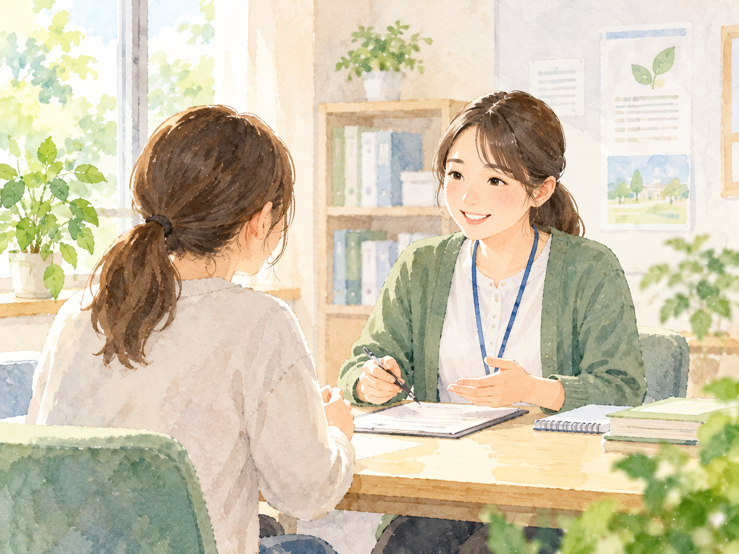 生活の困りごとについて、相談者と支援者が落ち着いて話している水彩イラスト
