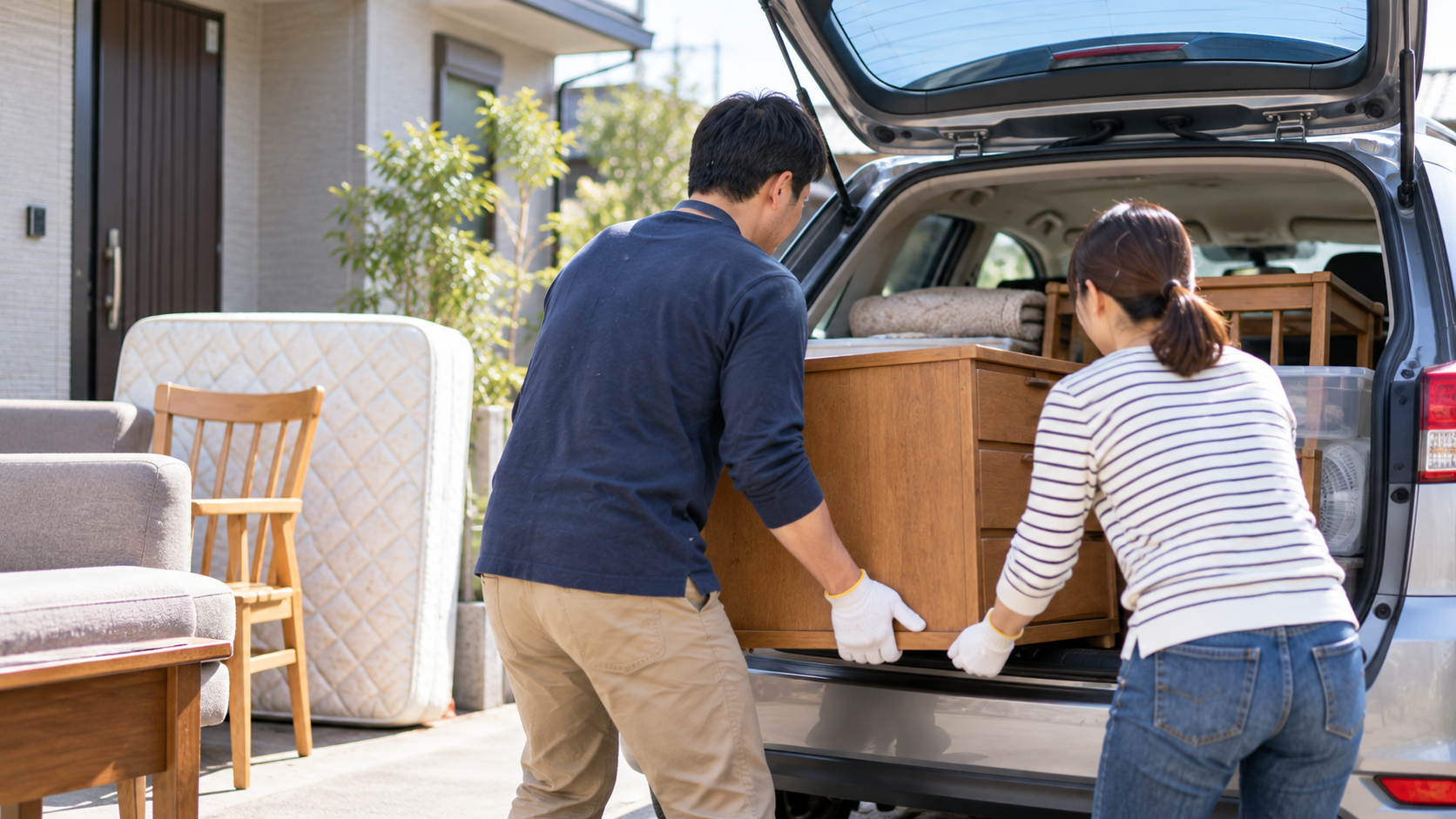 家具などの大きな家庭用品を車へ積み込むイメージ