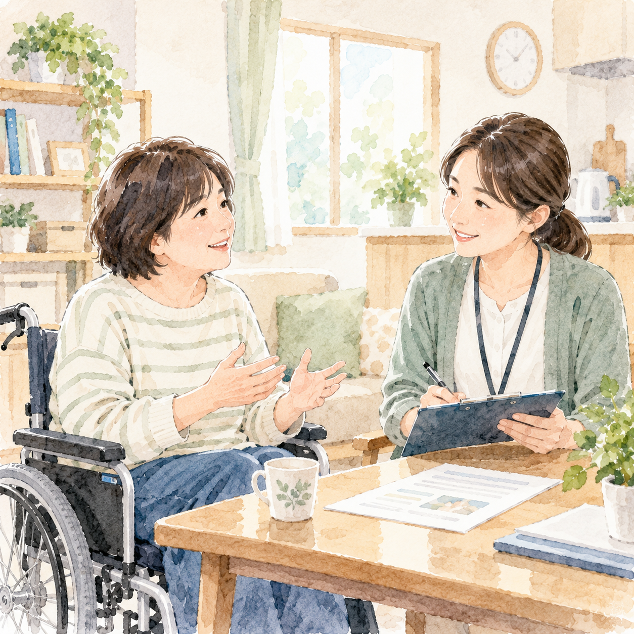 毎日の暮らしについて相談員と話し合う人のイラスト