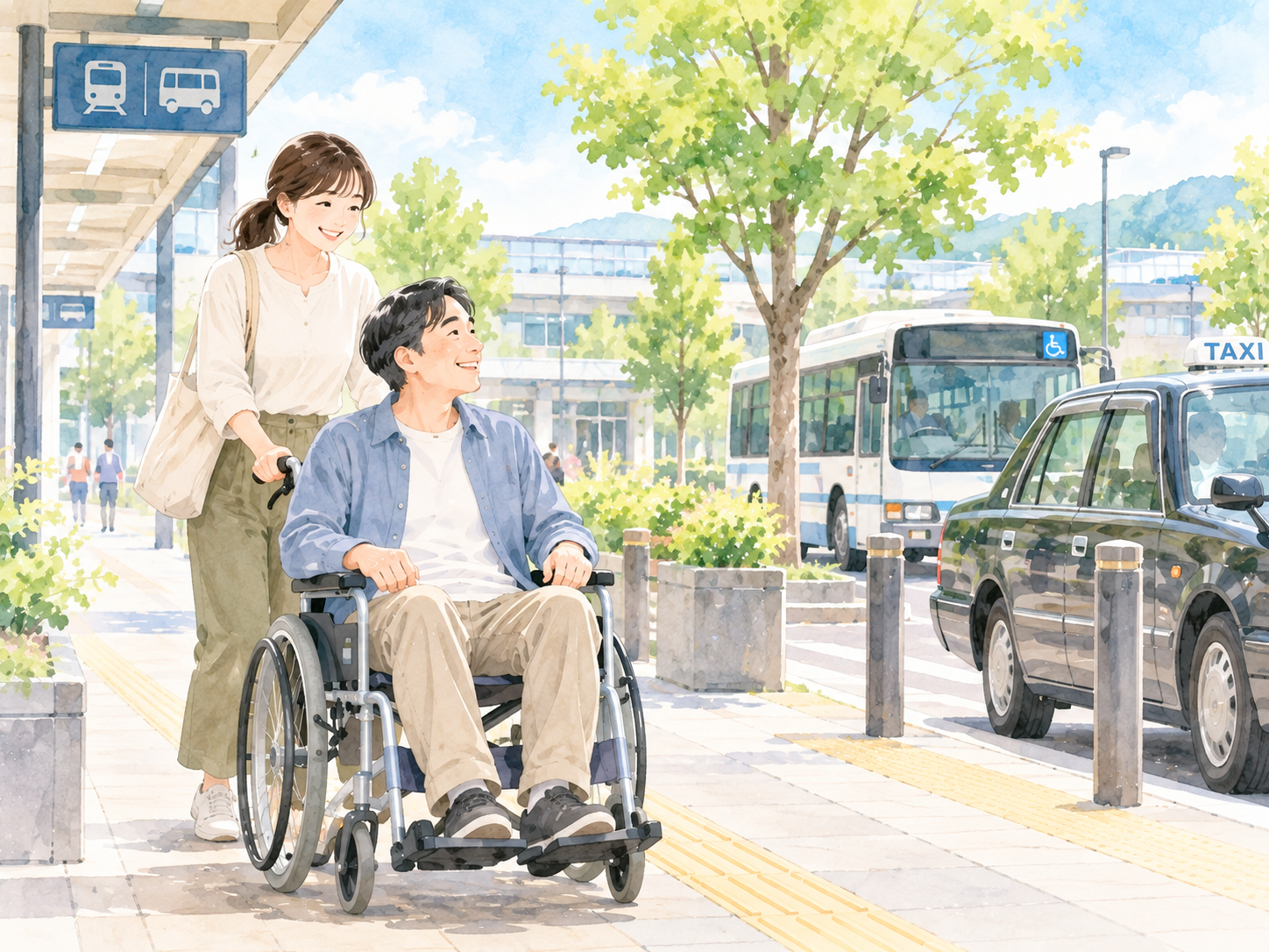 車いすを利用する人が、付き添う人と一緒にバスやタクシーのある街を移動している水彩イラスト