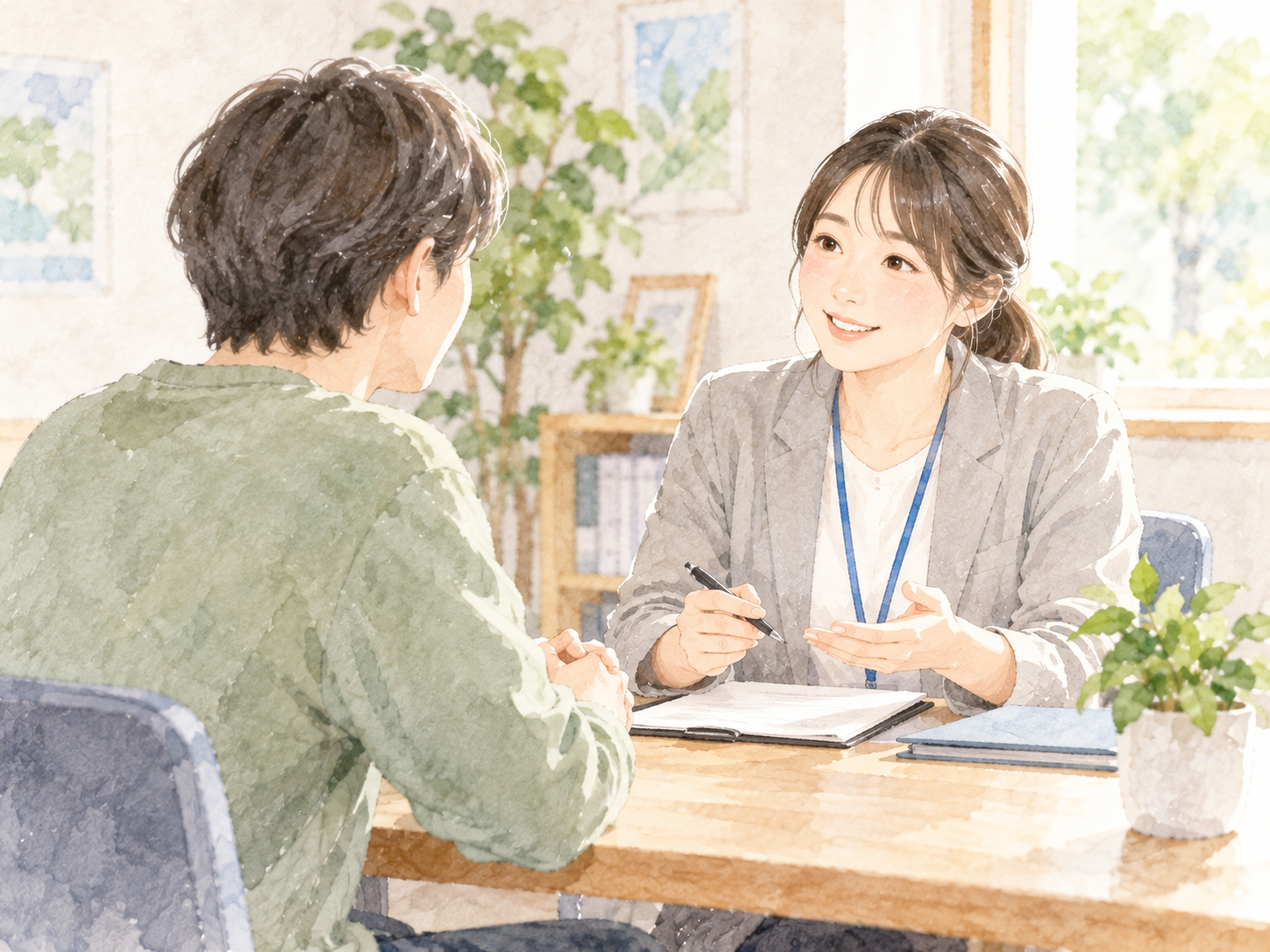 相談者と支援者が、落ち着いた雰囲気で仕事について話している水彩イラスト
