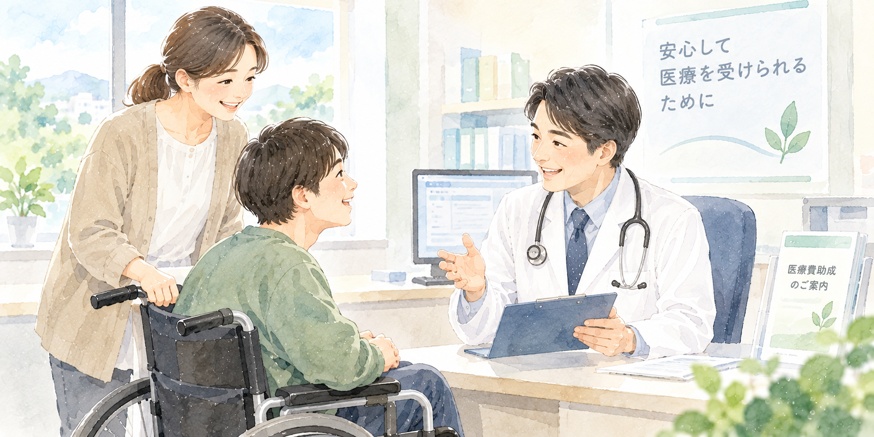 医療機関で医師に相談する本人と家族の水彩イラスト