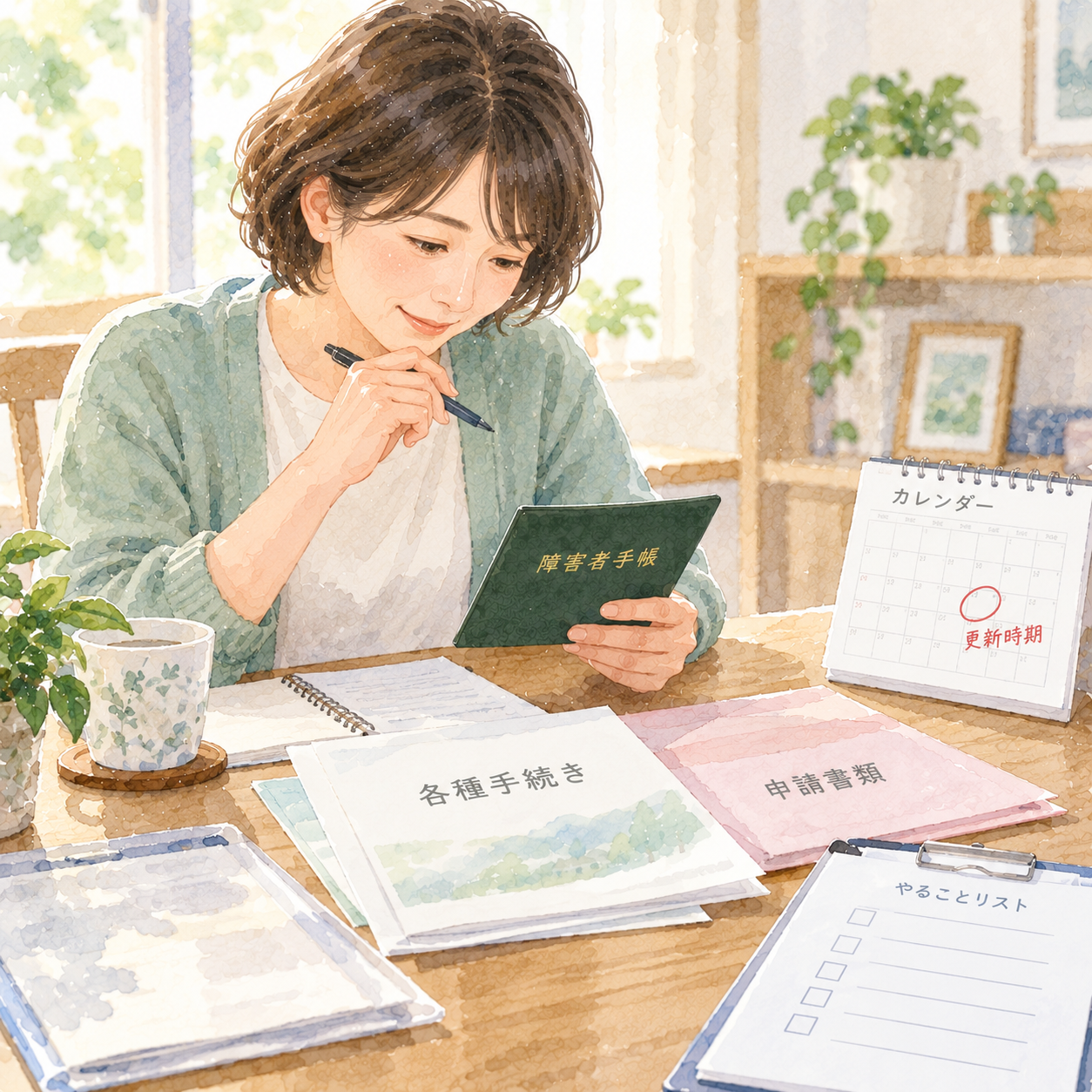 手帳や申請書類、カレンダーを確認している人の水彩イラスト