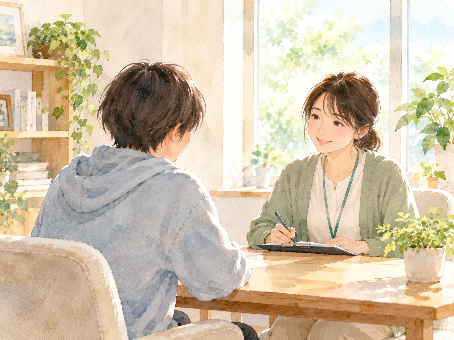 相談者と支援者が、落ち着いた室内で話している水彩イラスト