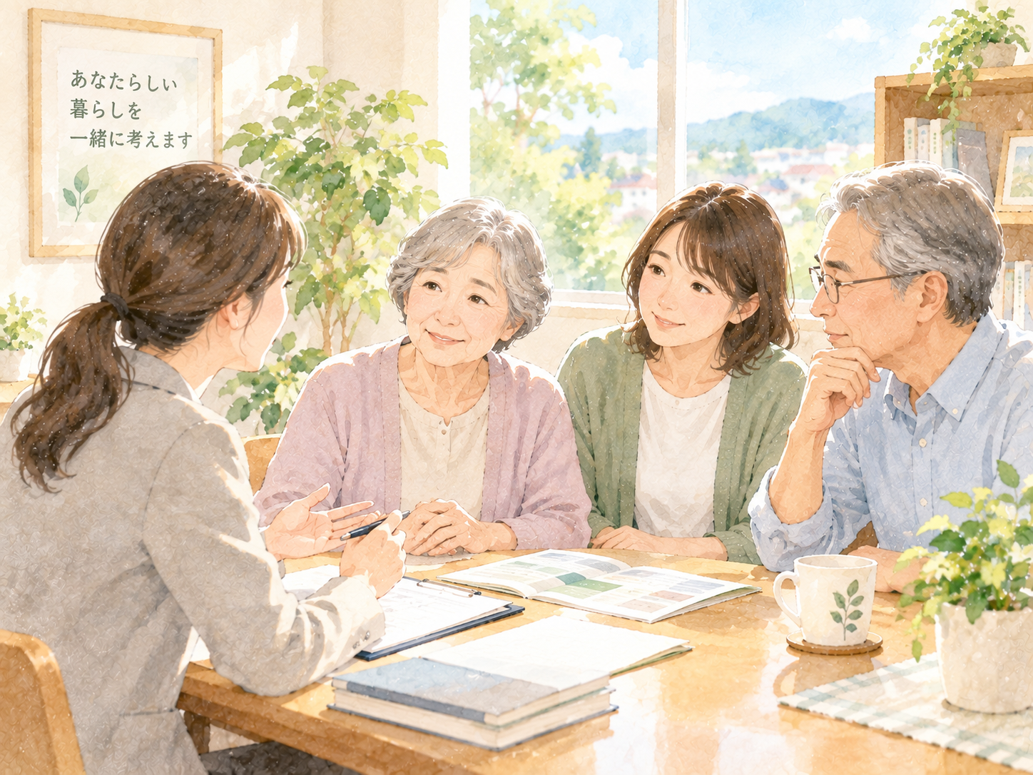本人と家族が相談員と向き合い、将来の暮らしについて話している水彩イラスト