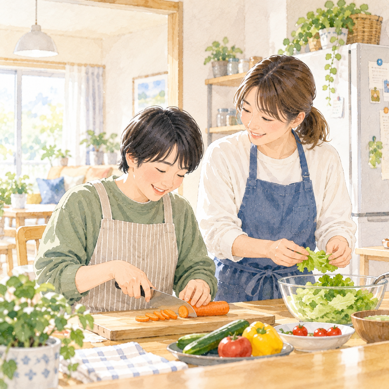 自宅のキッチンで本人と支援者が一緒に料理をしている水彩イラスト