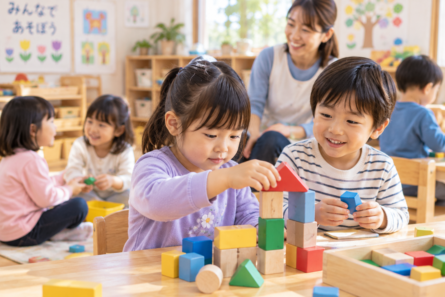 園でそれぞれの遊びや関わりを楽しむ3〜5歳ごろの子どもたちのイメージ
