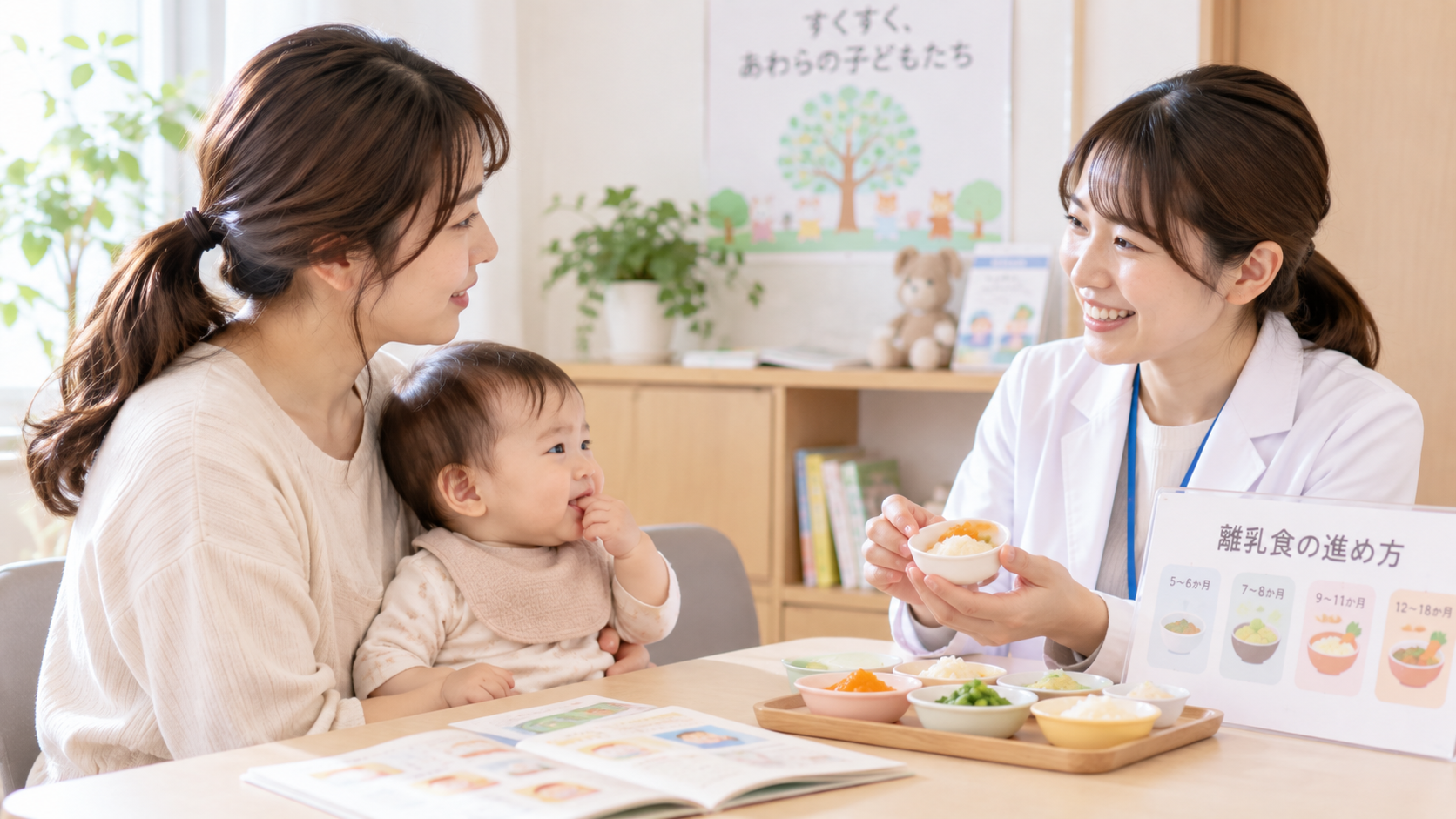 保護者と赤ちゃんが専門職に離乳食について相談するイメージ