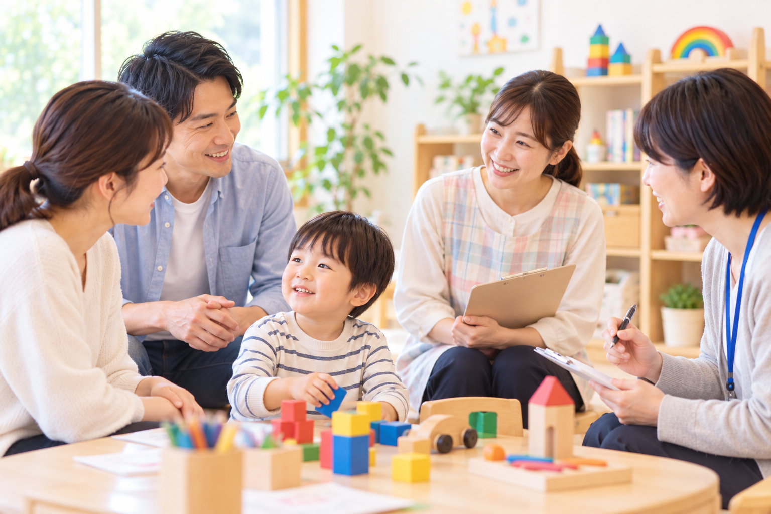 家庭や園、支援者が子どもの様子について一緒に考えるイメージ