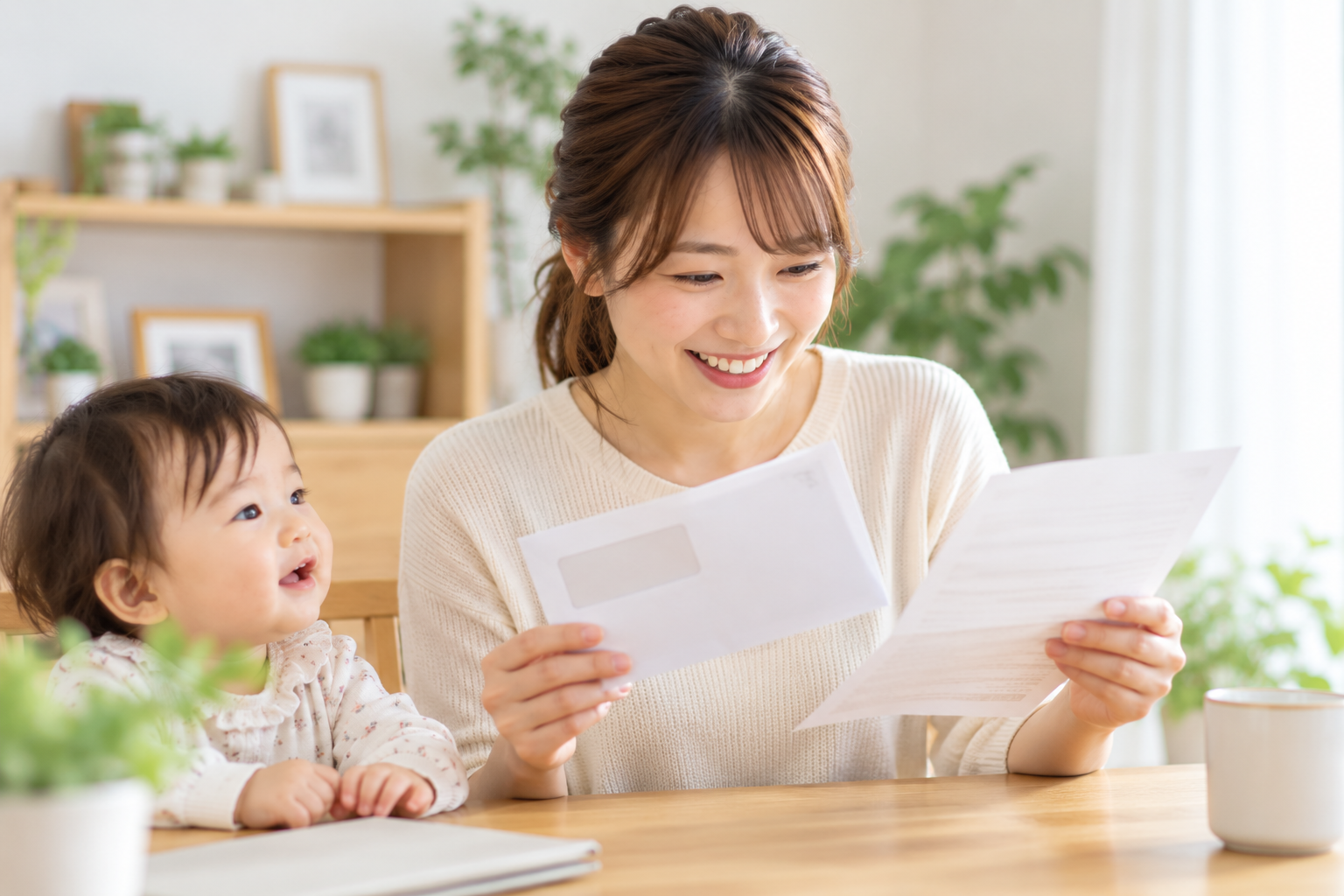 市から届いた案内を確認する保護者のイメージ