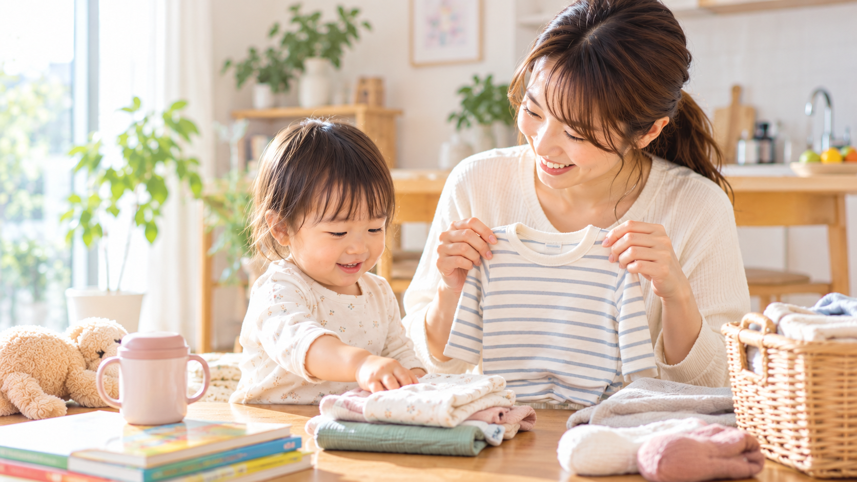 子どもの服や日用品を整える親子のイメージ