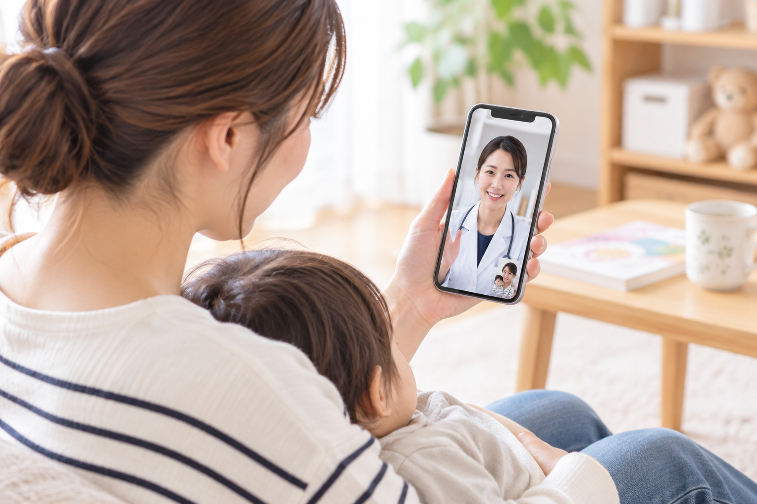 スマートフォンを通して医療者にオンライン相談する保護者のイメージ
