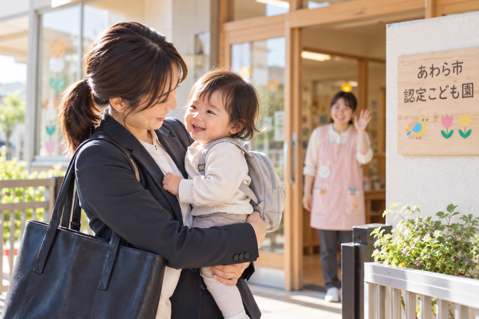 仕事を終えて認定こども園へ子どもを迎えに来た保護者のイメージ