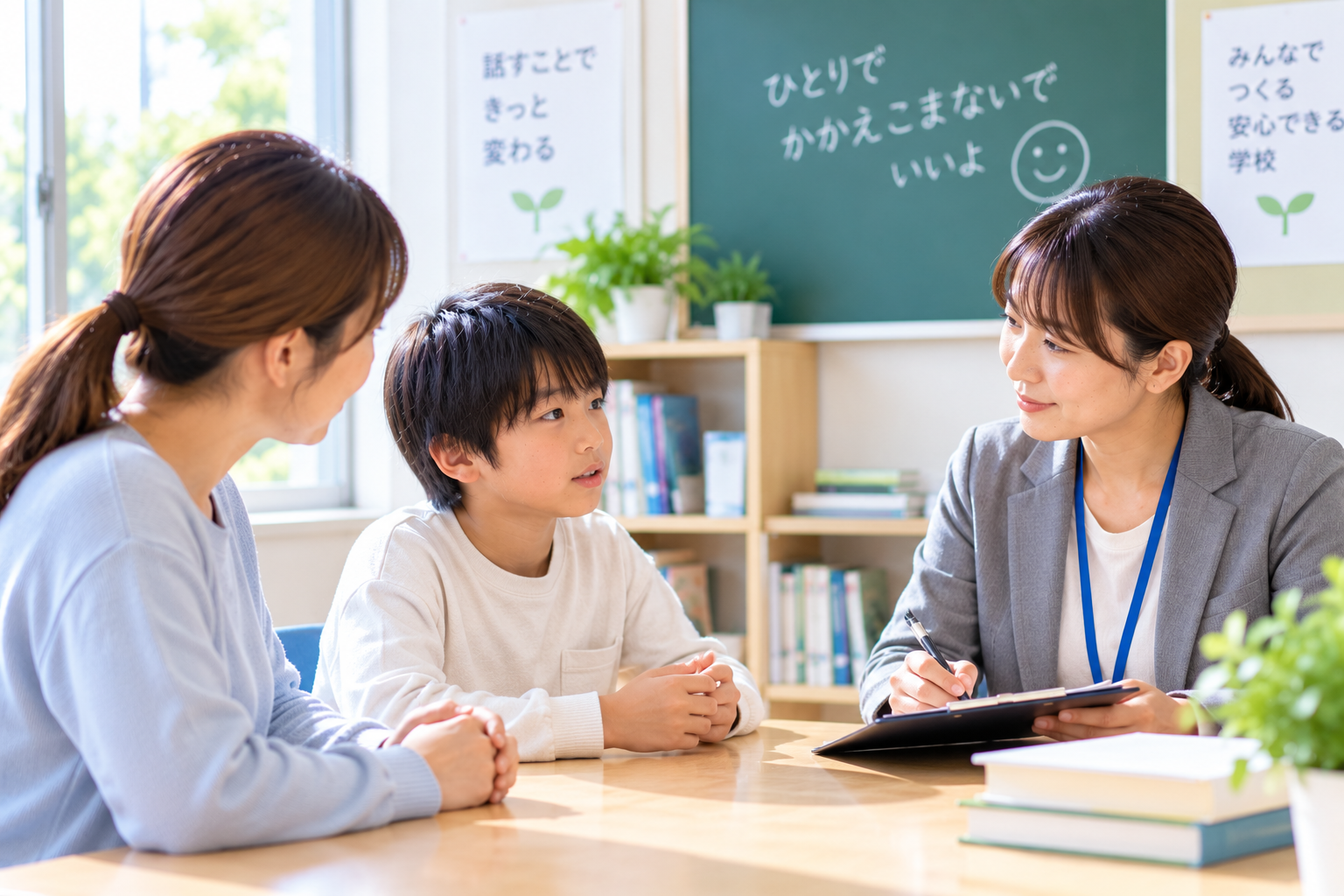 子どもと保護者が学校の先生へ相談しているイメージ