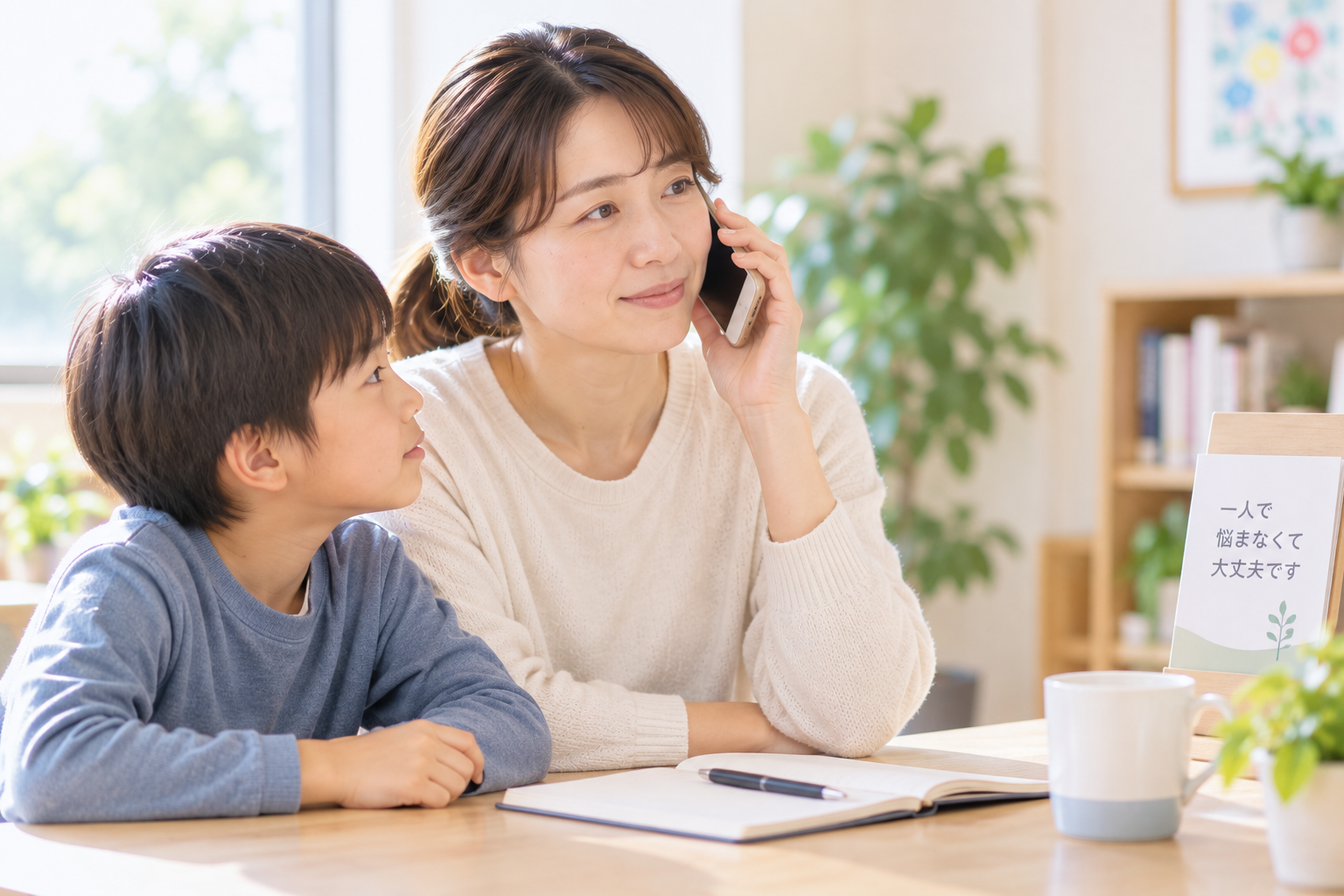 保護者が学校以外の相談先へ電話で相談しているイメージ
