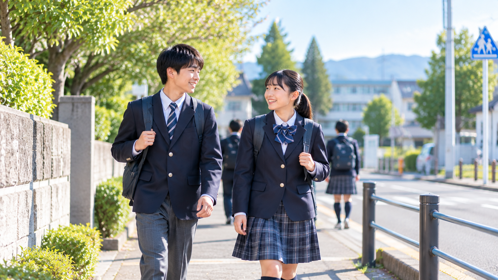 中学生が学校へ通学しているイメージ