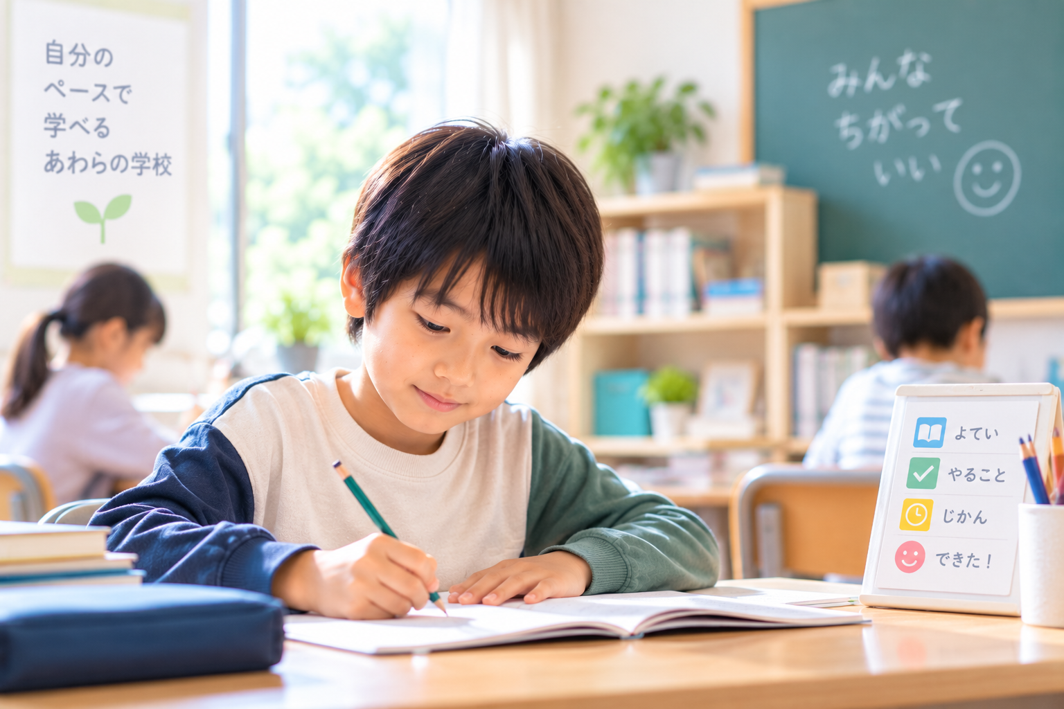 子どもが自分に合った方法で落ち着いて学習しているイメージ