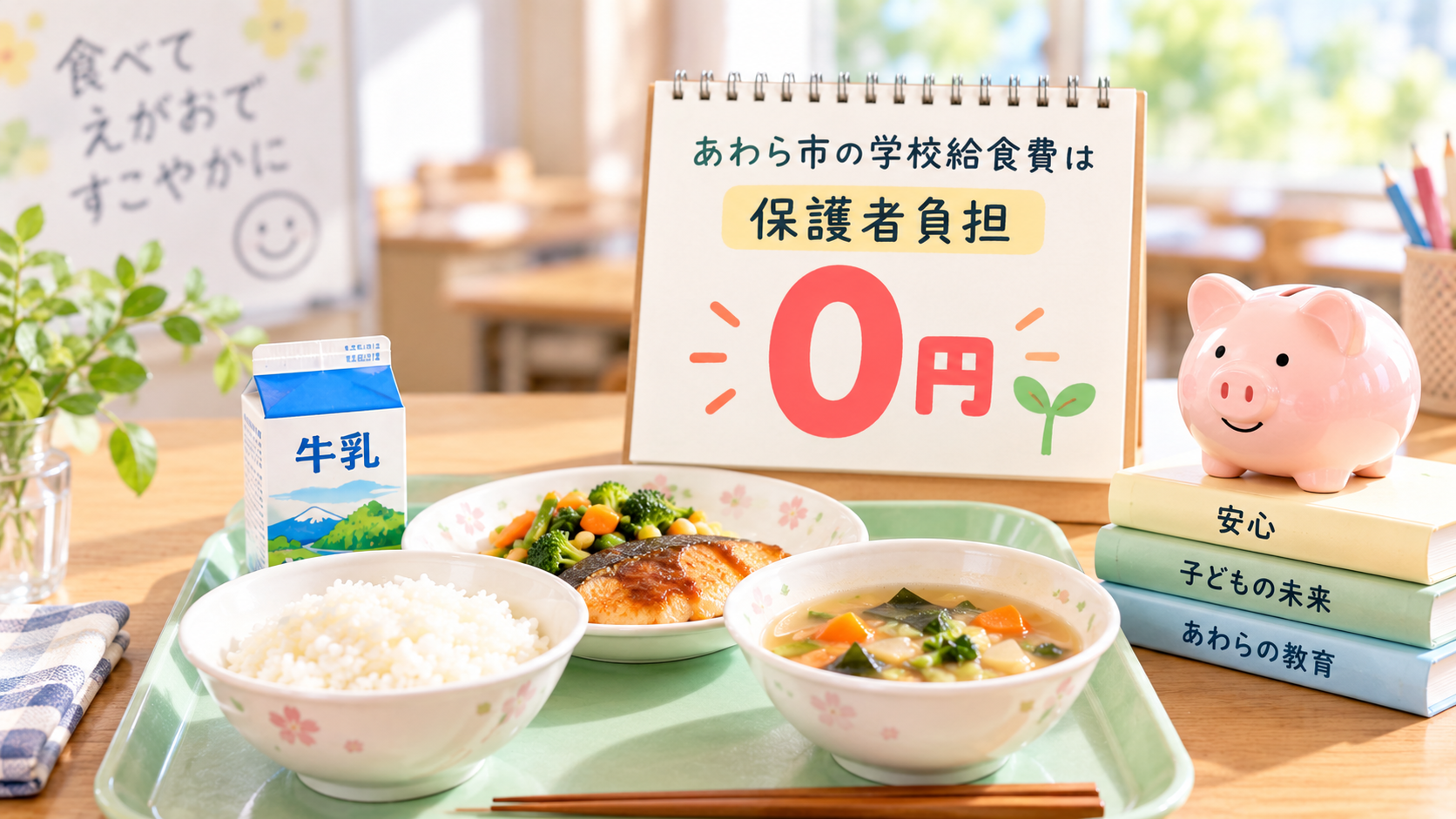 学校給食費の保護者負担が0円であることを表したイメージ
