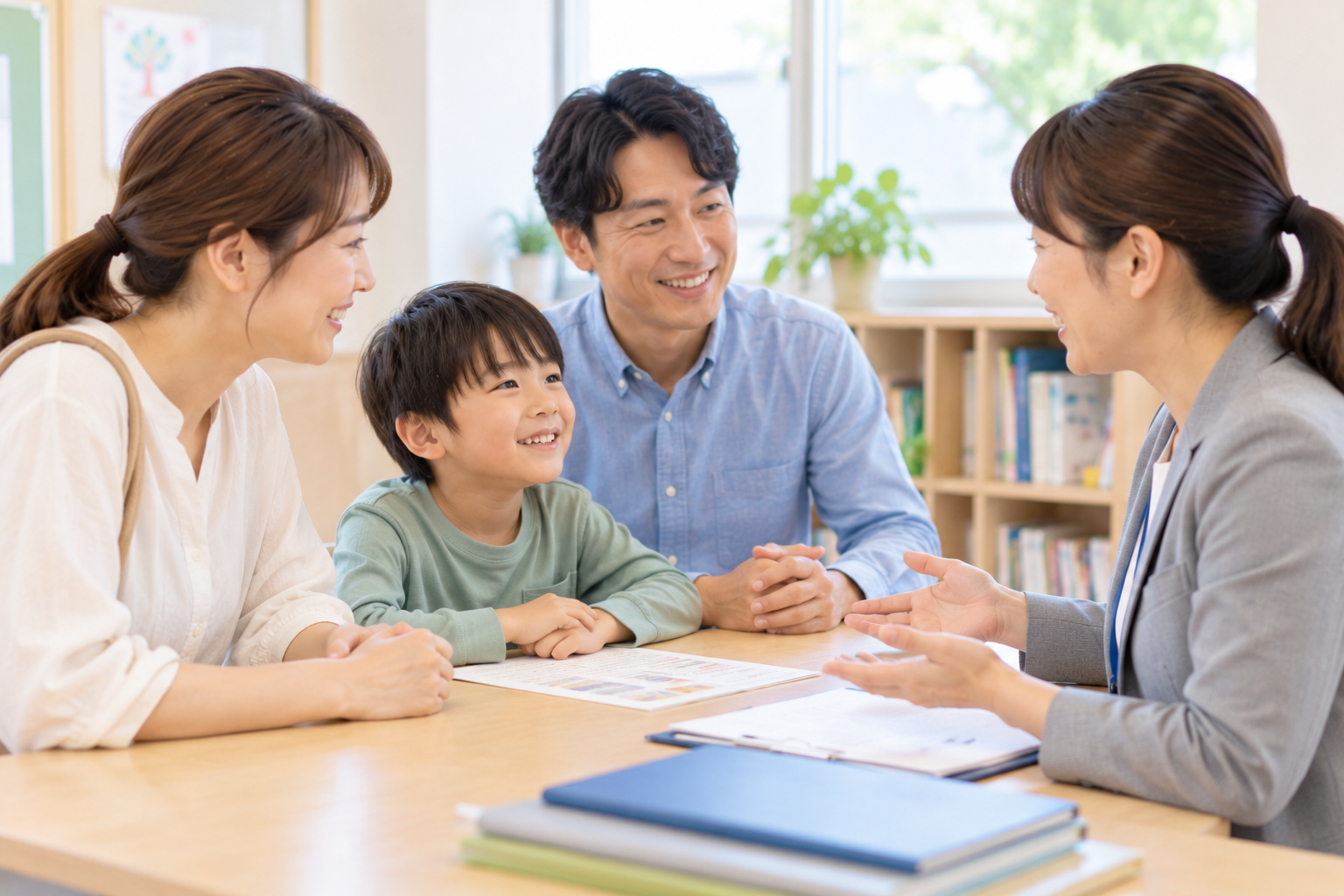 子どもと保護者、学校の先生が同じテーブルで支援について相談しているイメージ