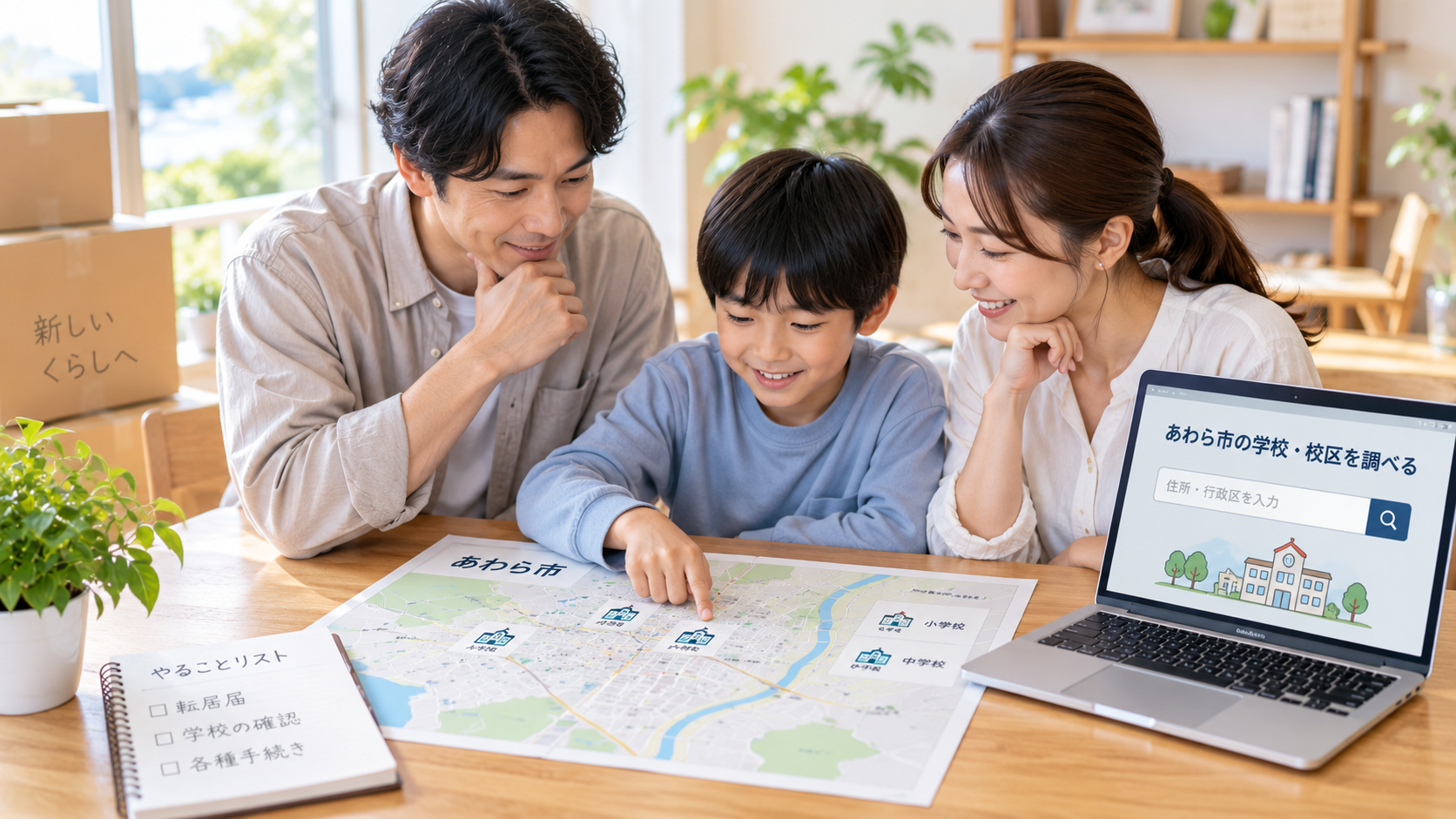 家族で新しい住所と学校区を確認しているイメージ