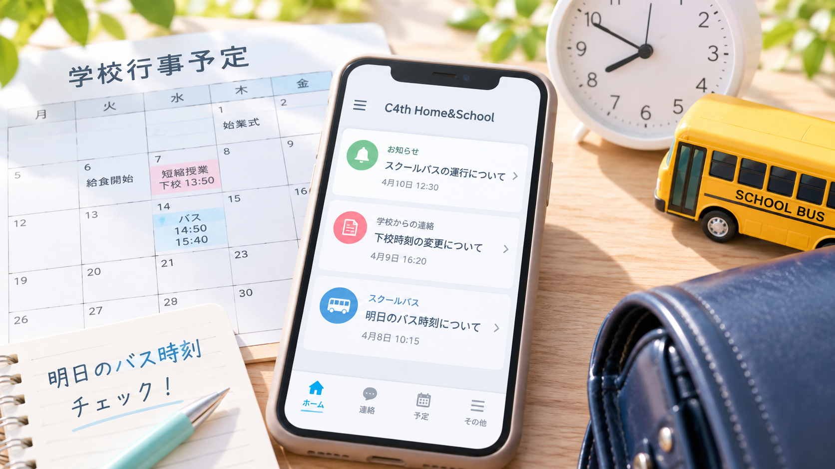 スマートフォンや学校予定表でスクールバスの時刻を確認するイメージ