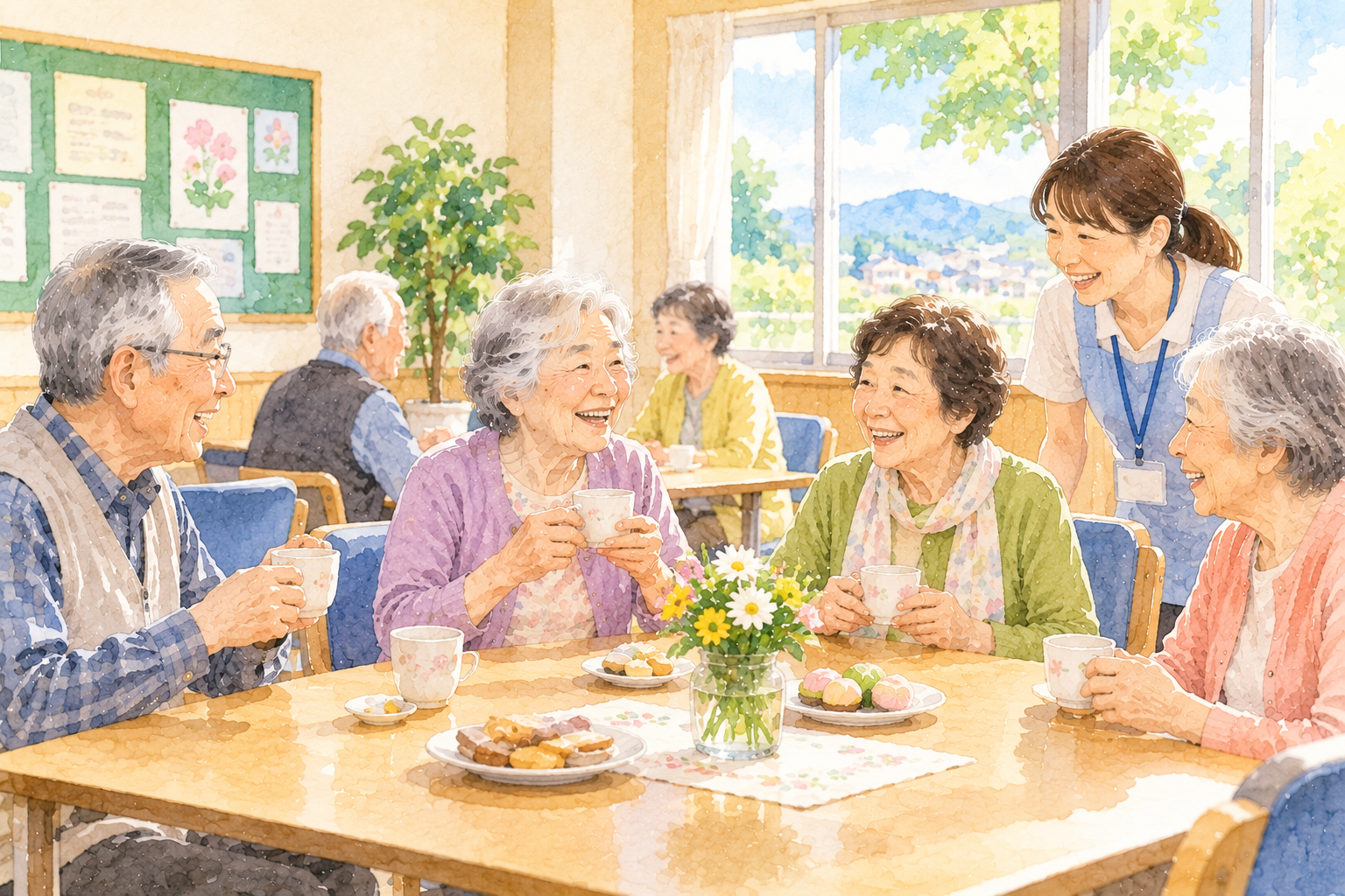 地域のサロンで高齢者たちがお茶を飲みながら交流しているイラスト