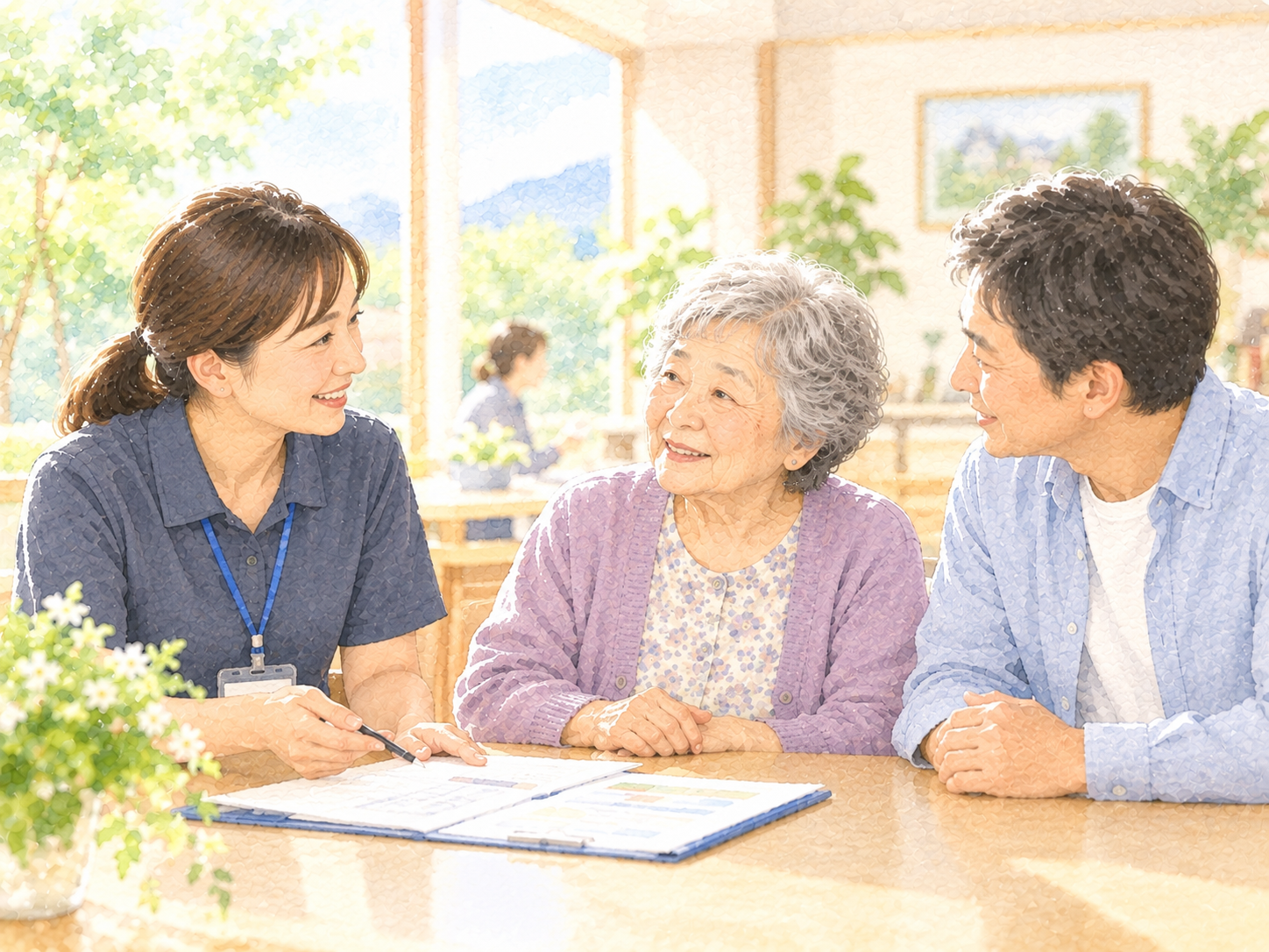 高齢者と家族が支援者に相談している水彩イラスト