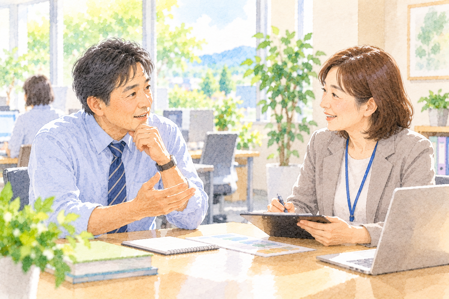 働く男性が職場の担当者に仕事と介護の両立について相談しているイラスト