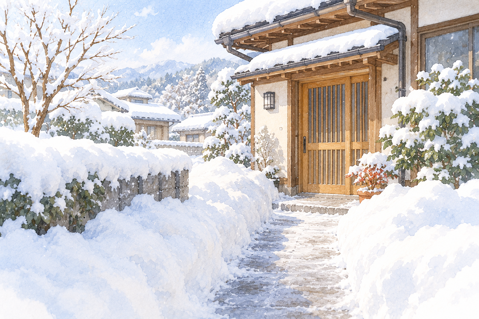 雪が積もった住宅の玄関と、除雪された通路のイラスト
