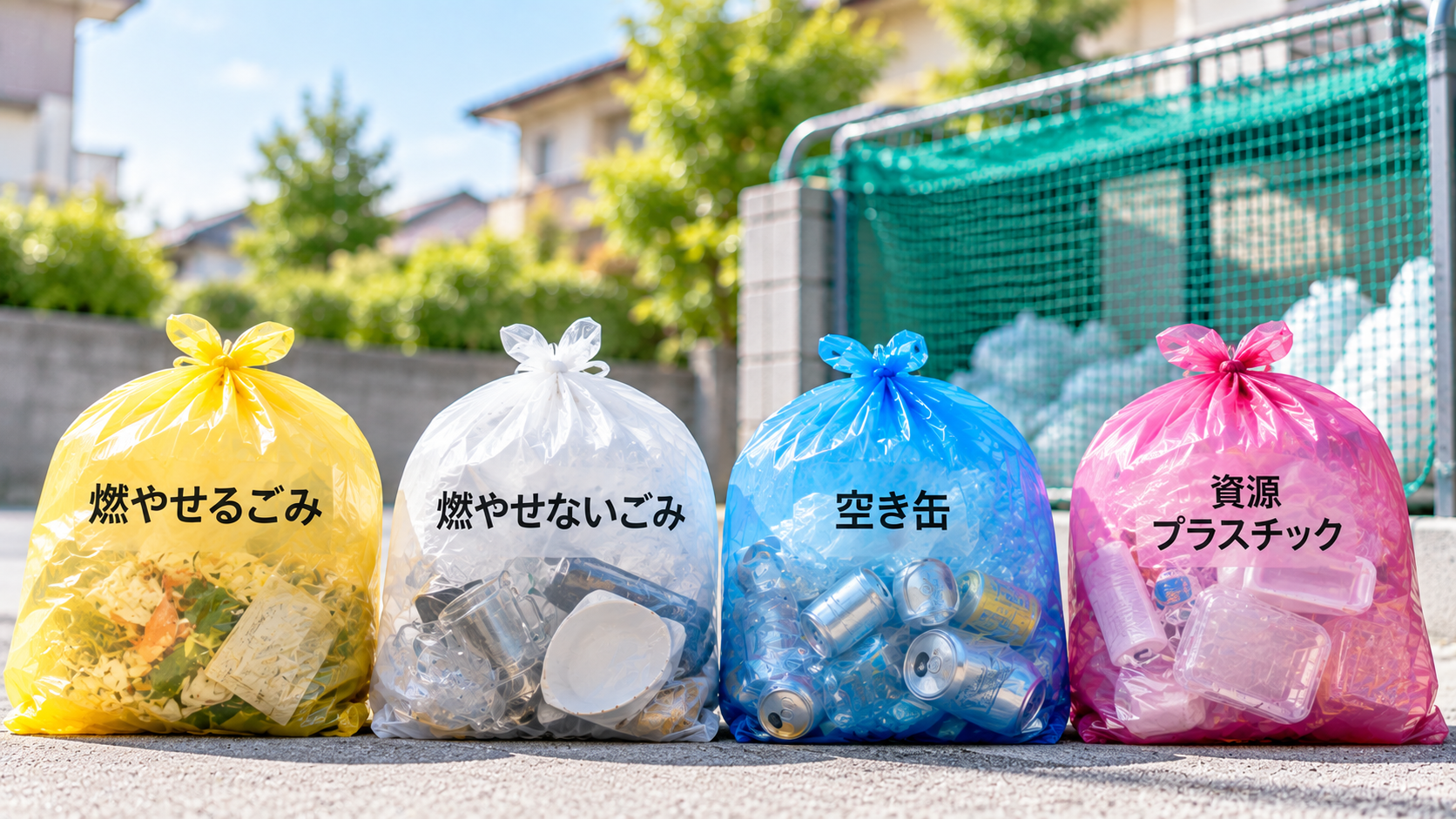 燃やせるごみ、燃やせないごみ、空き缶、資源プラスチックの袋を分けるイメージ