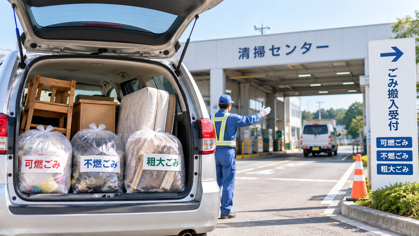 家庭ごみを車に積んで清掃センターへ持ち込むイメージ